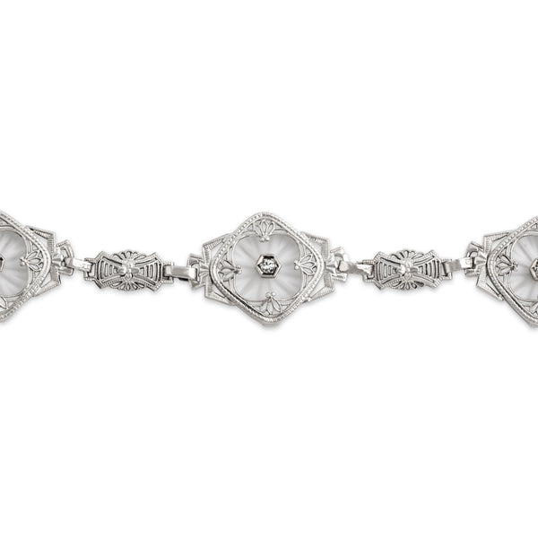 Antique Art Deco 14k White Gold Camphor Glass Diamond Link Bracelet 7.25