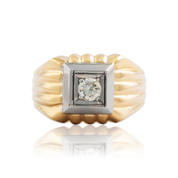 Vintage 14k Yellow & White Gold .32ct Old European Cut Diamond Ribbed Ring 9.50