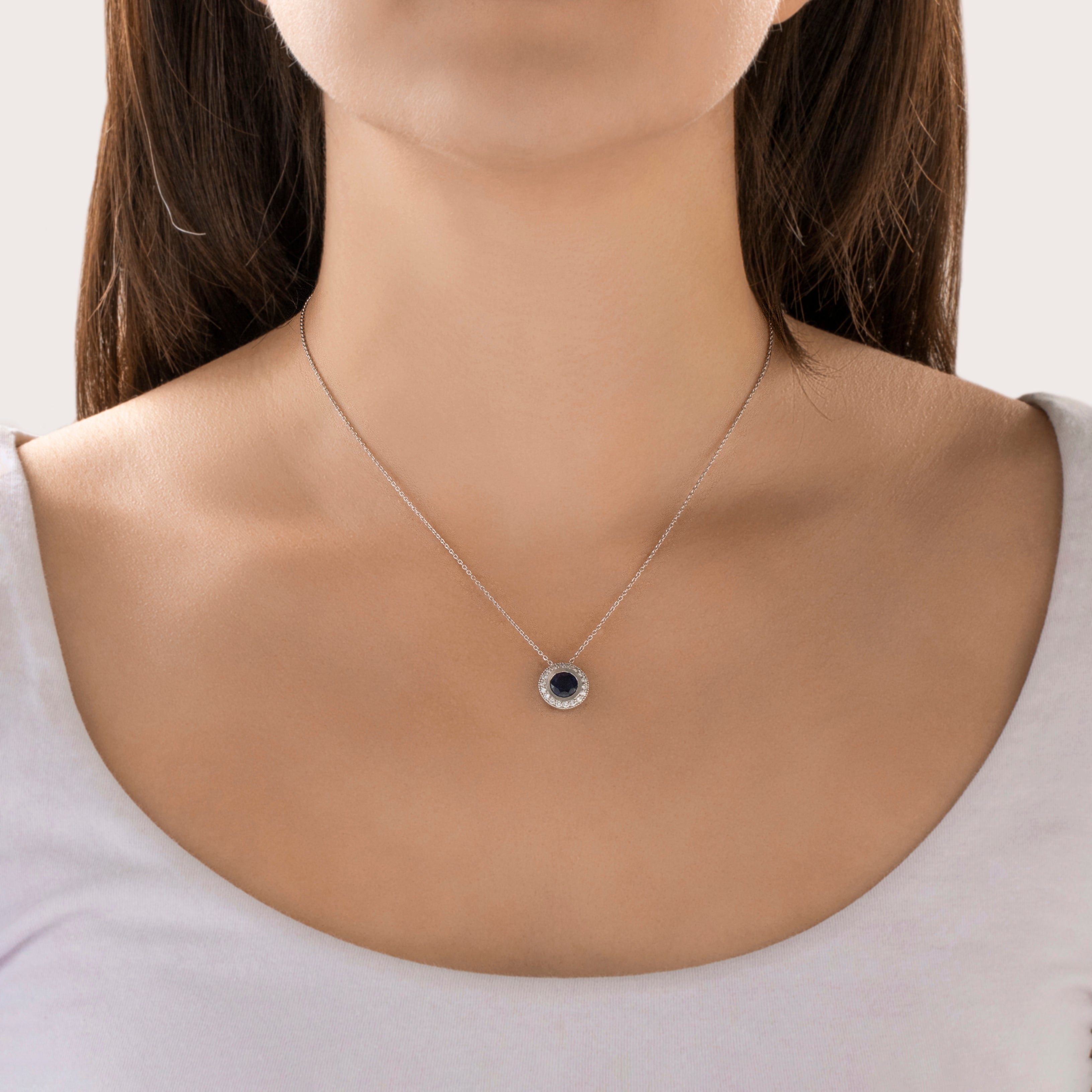 Vintage 14K White Gold 1.66ct Blue Sapphire Sparkling Halo Slide Necklace - On model view