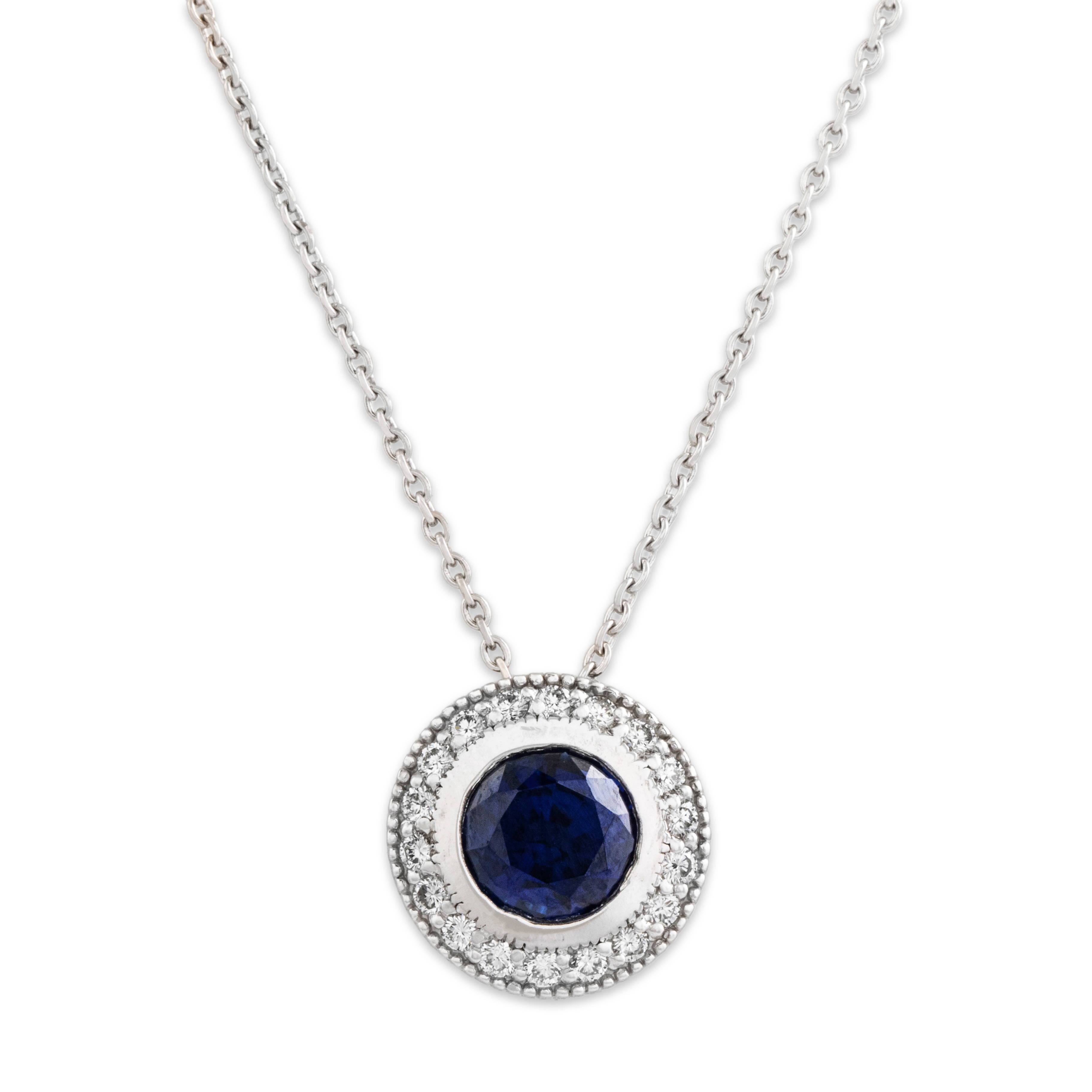 Vintage 14k White Gold 1.66ct Blue Sapphire Diamond Halo Necklace 16