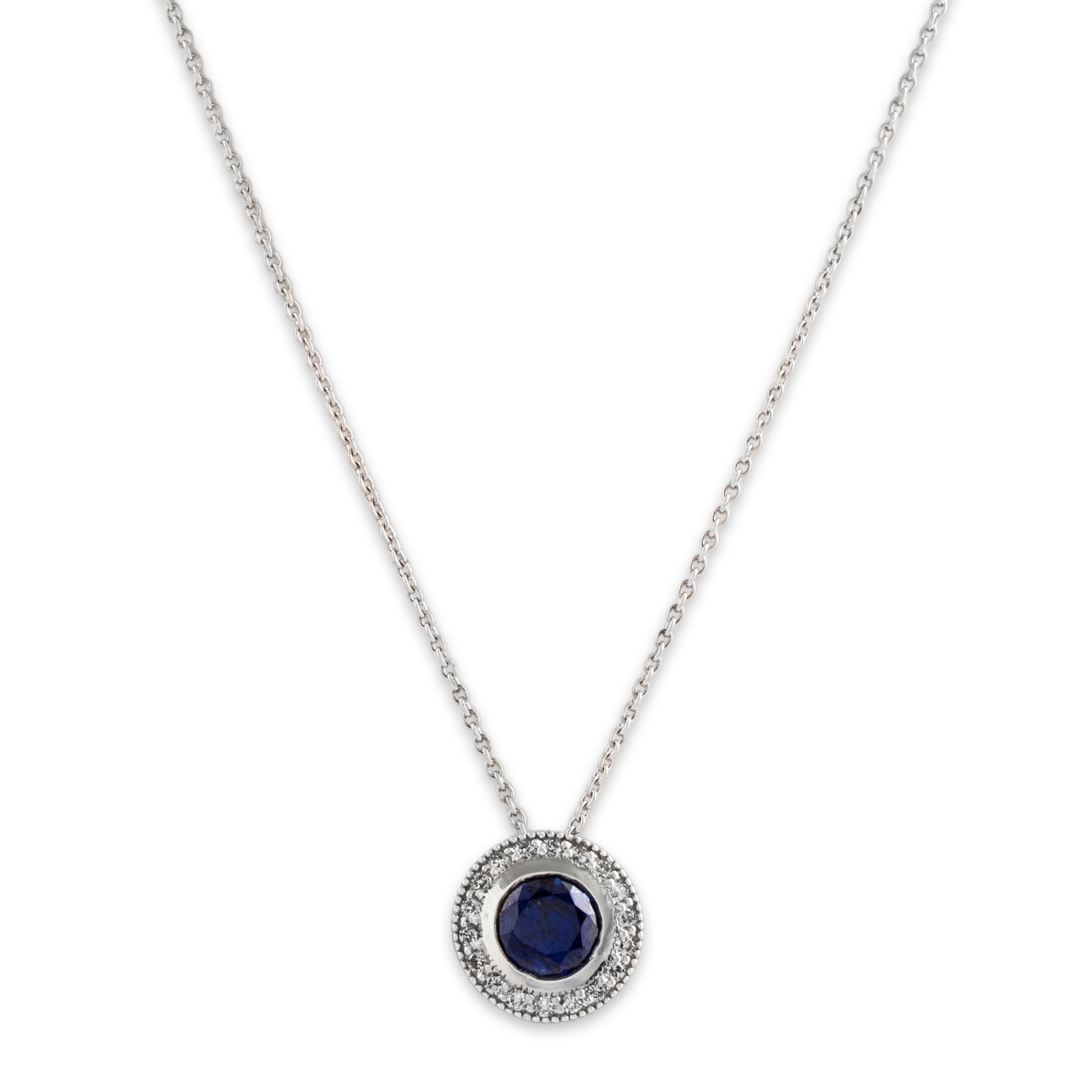 Vintage 14k White Gold 1.66ct Blue Sapphire Diamond Halo Necklace 16