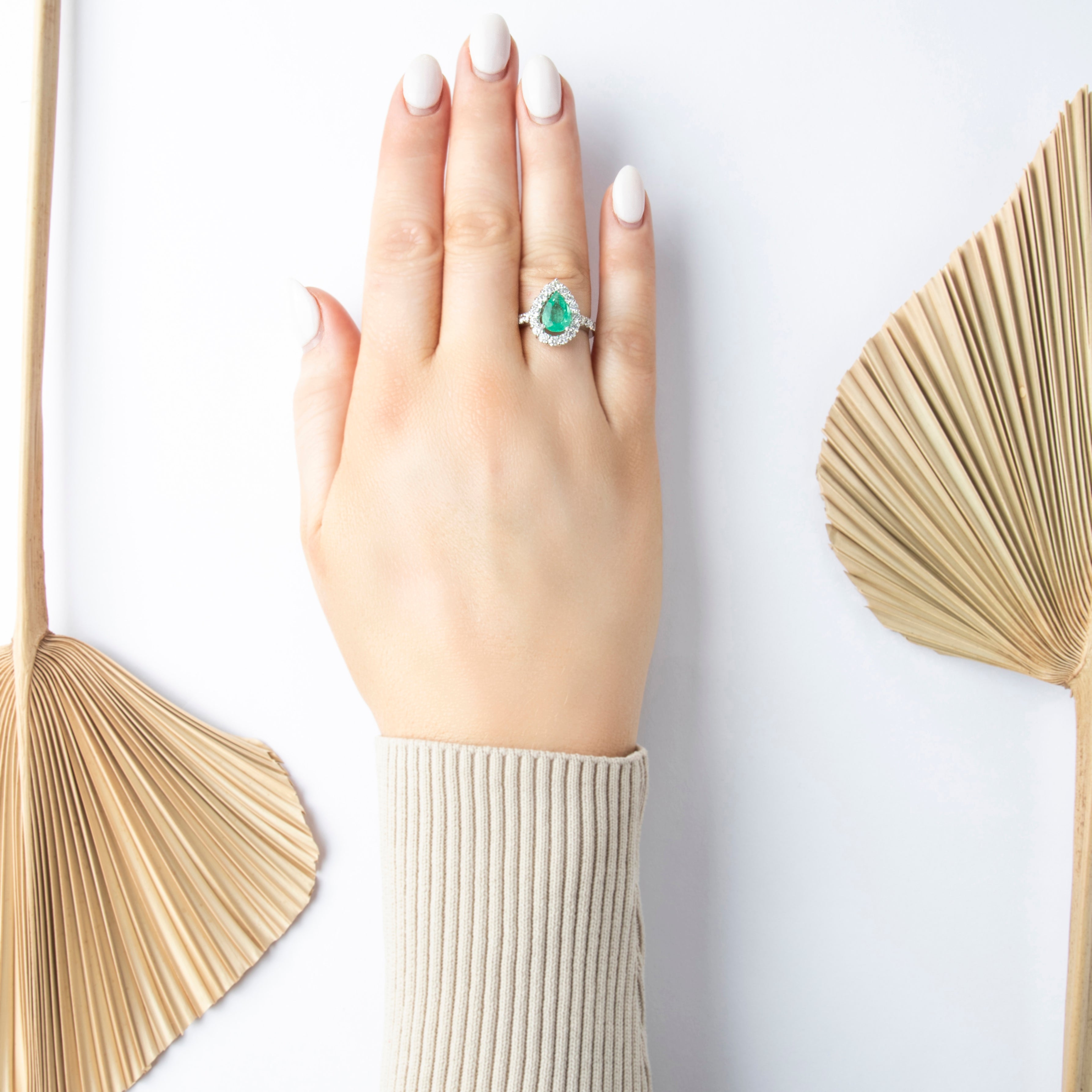 Vintage 14K White Gold 1.27ct Emerald Pear Halo Ring - On model view