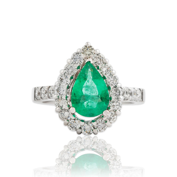 Vintage 14k White Gold 1.27ct Emerald .94cttw Diamond Incredible Pear Halo Ring 6.75