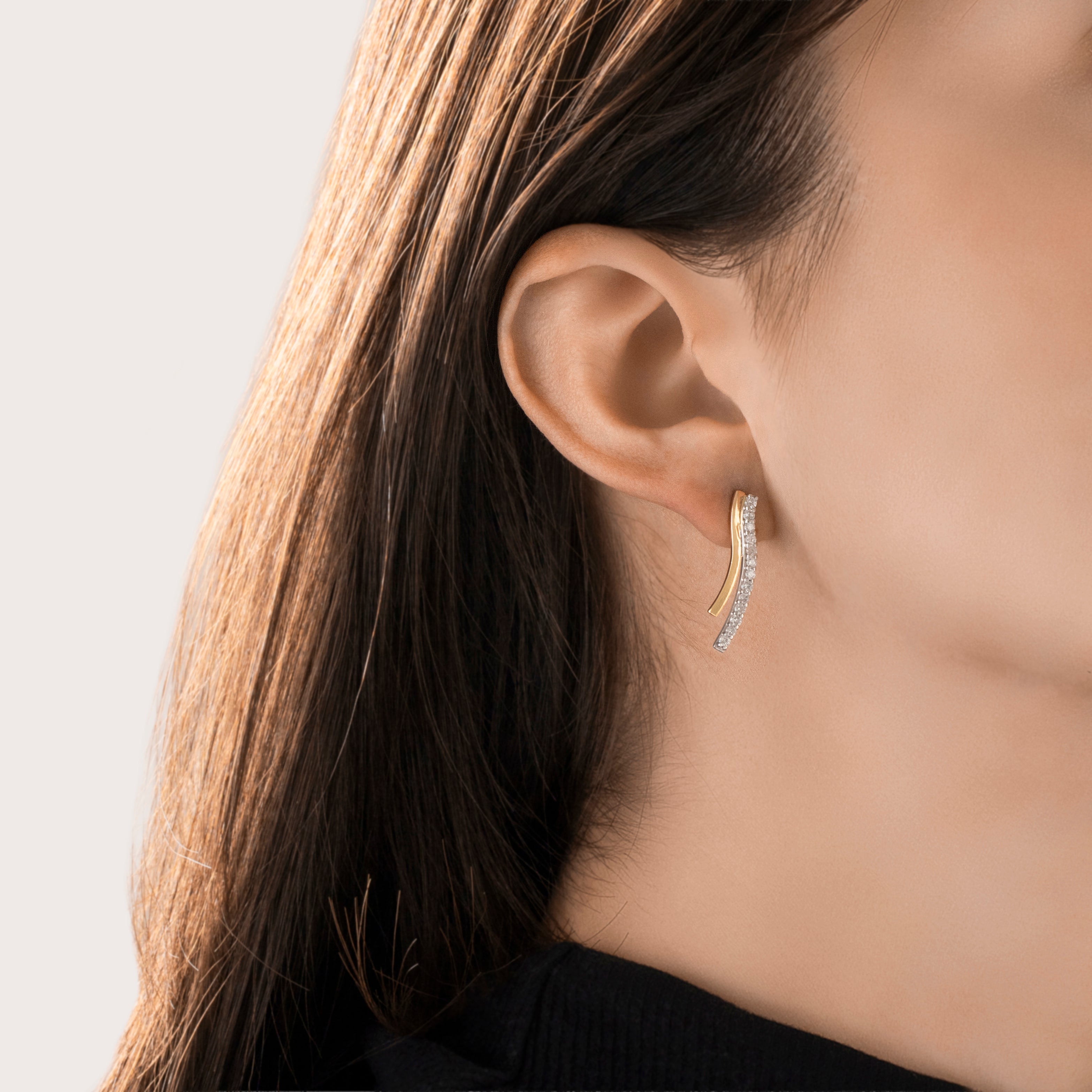 Vintage 14K Yellow & White Gold .45cttw Diamond Wave Drop Earrings - On model view