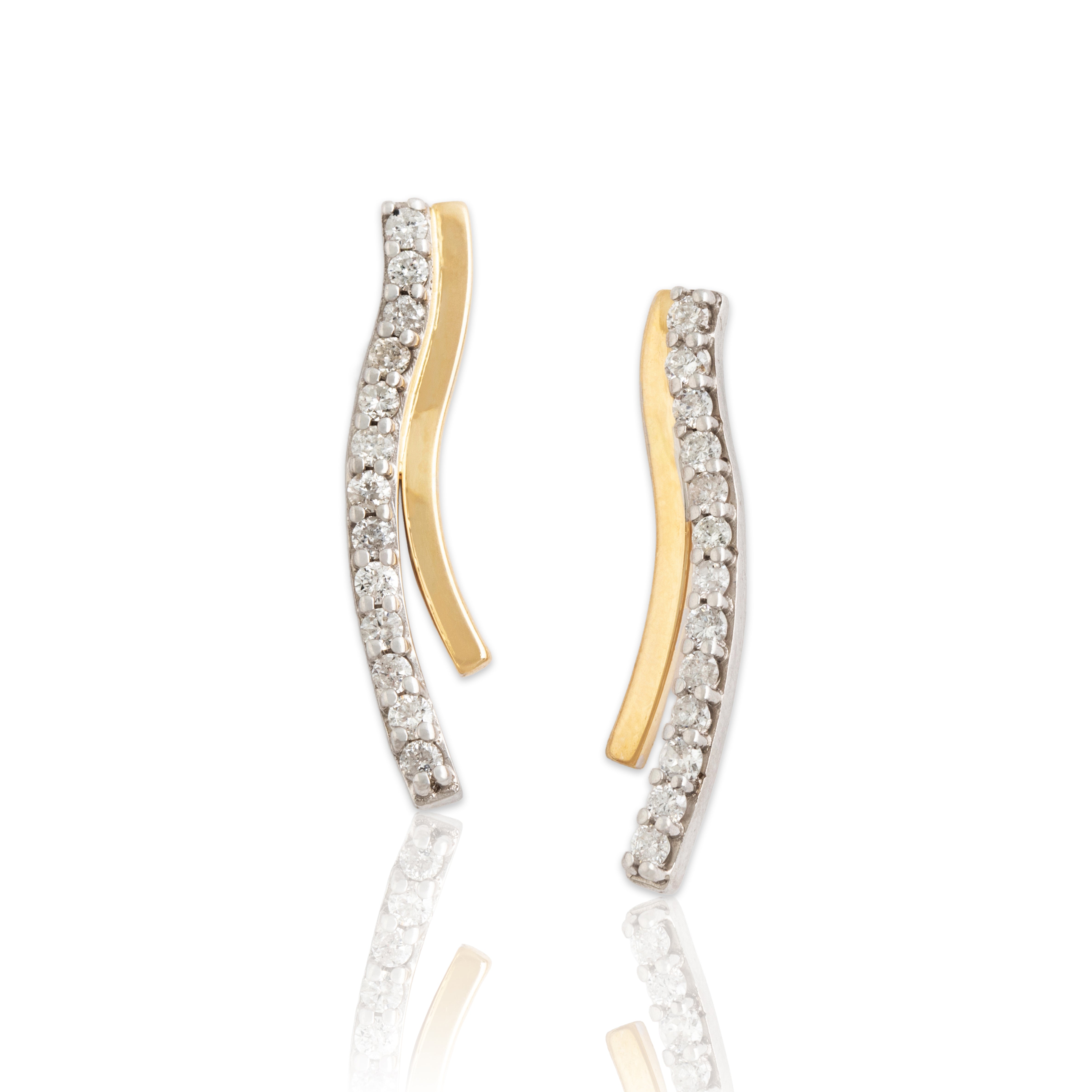 Vintage 14K Yellow & White Gold .45cttw Diamond Wave Drop Earrings - Close-up view