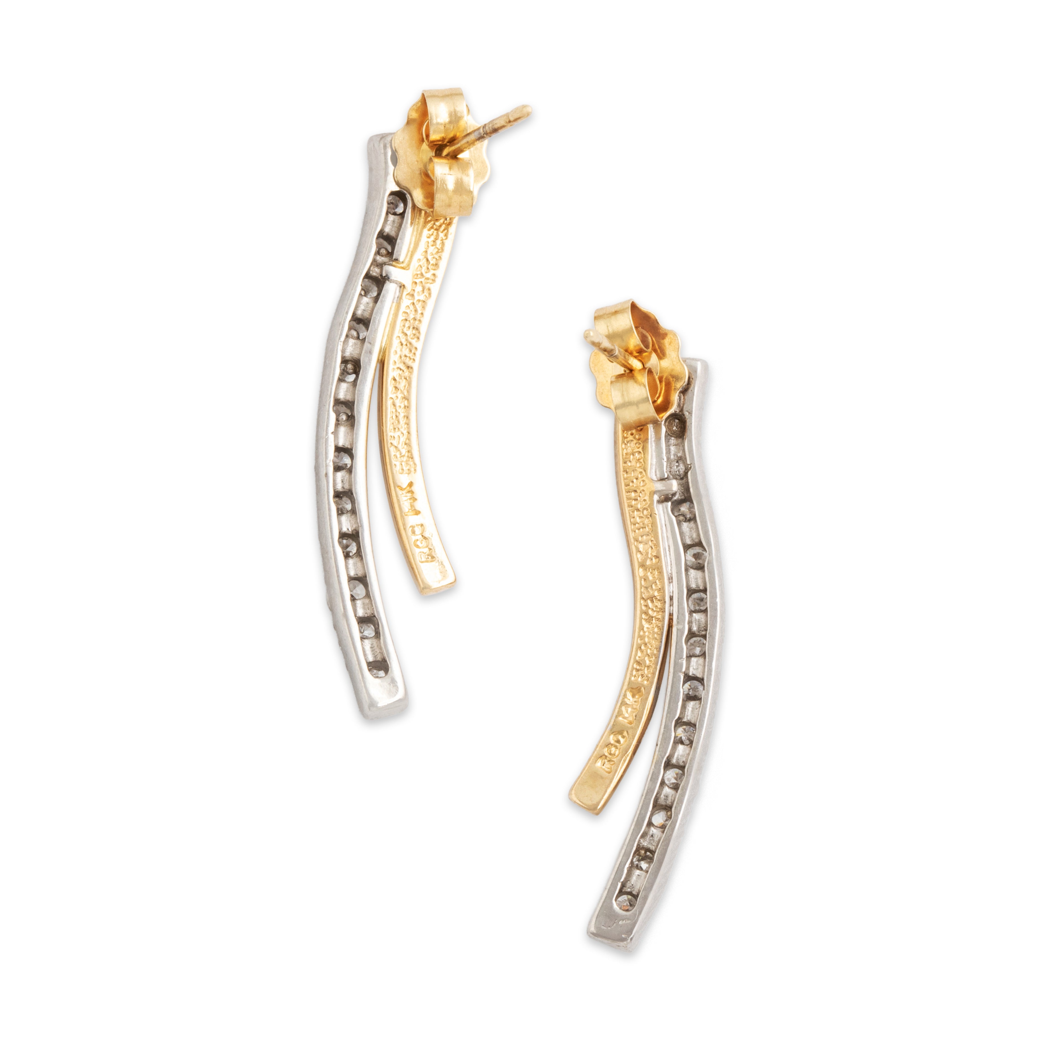 Vintage 14K Yellow & White Gold .45cttw Diamond Wave Drop Earrings - Back view