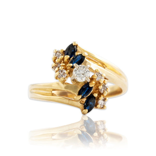 Vintage 14k Yellow Gold Blue Sapphire Diamond Bypass Ring 7.00