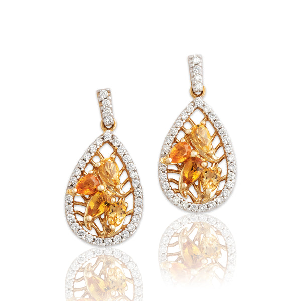 Vintage 14k Yellow & White Gold Citrine Diamond Mixed-Cut Cluster Dangle Earrings