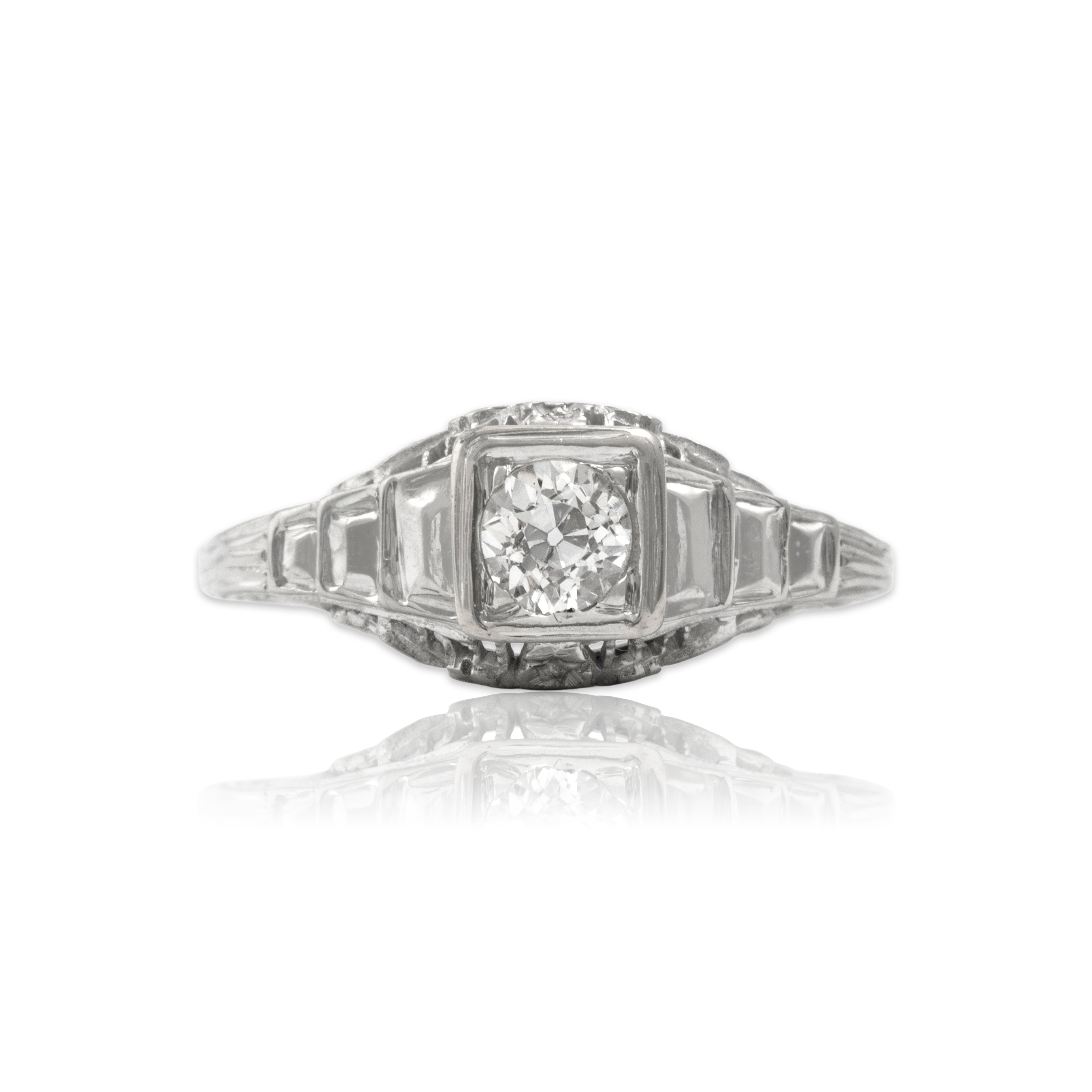 Antique Art Deco 18k White Gold Old Mine Cut Diamond Tall Step Shoulder Solitaire Ring  - Close-up view
