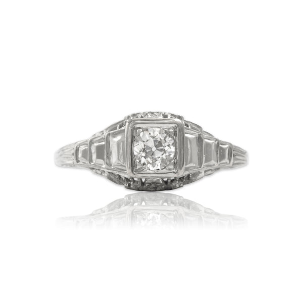 Antique Art Deco 18k White Gold Old Mine Cut Diamond Tall Step Shoulder Ring 4.75