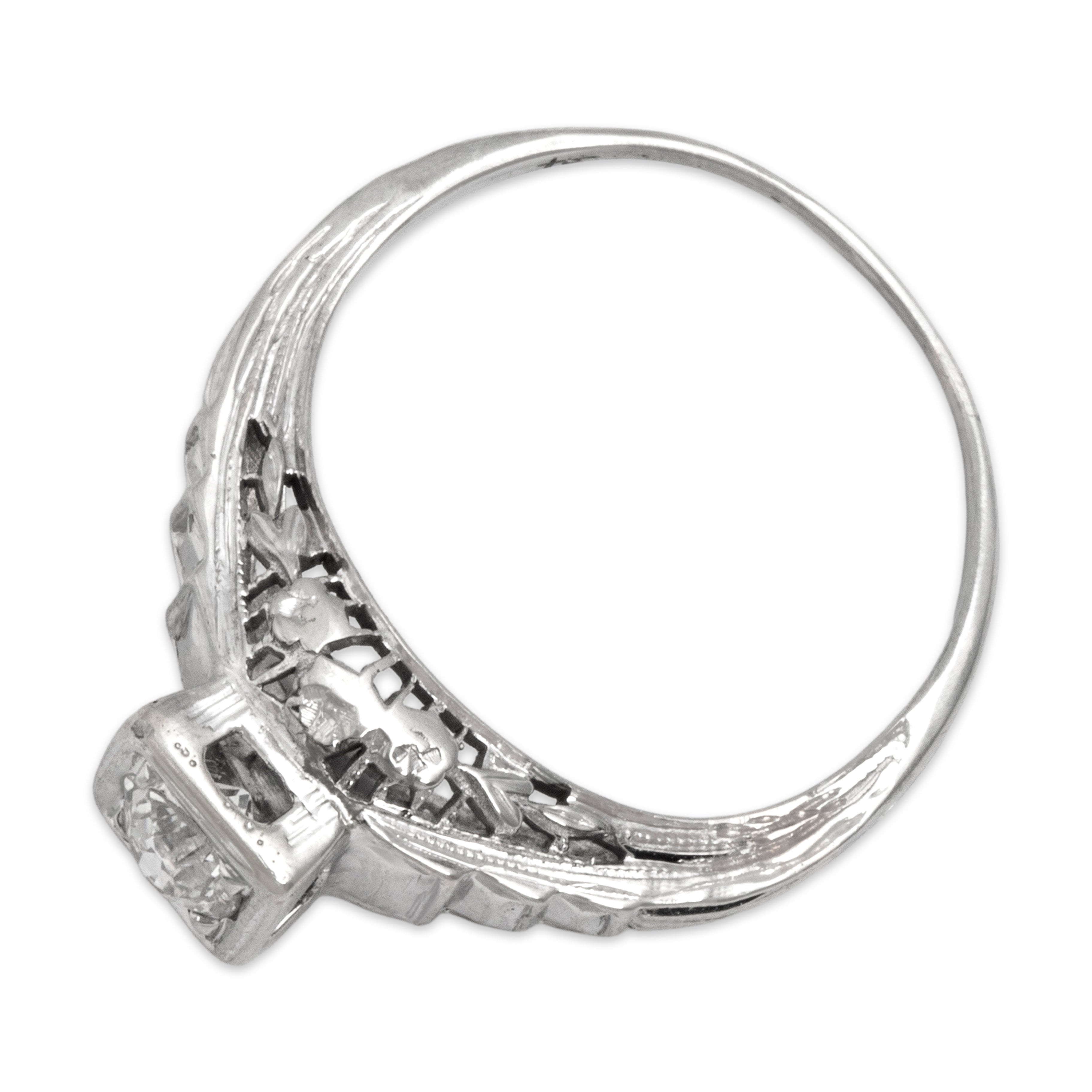 Antique Art Deco 18k White Gold Old Mine Cut Diamond Tall Step Shoulder Solitaire Ring  - Overall view