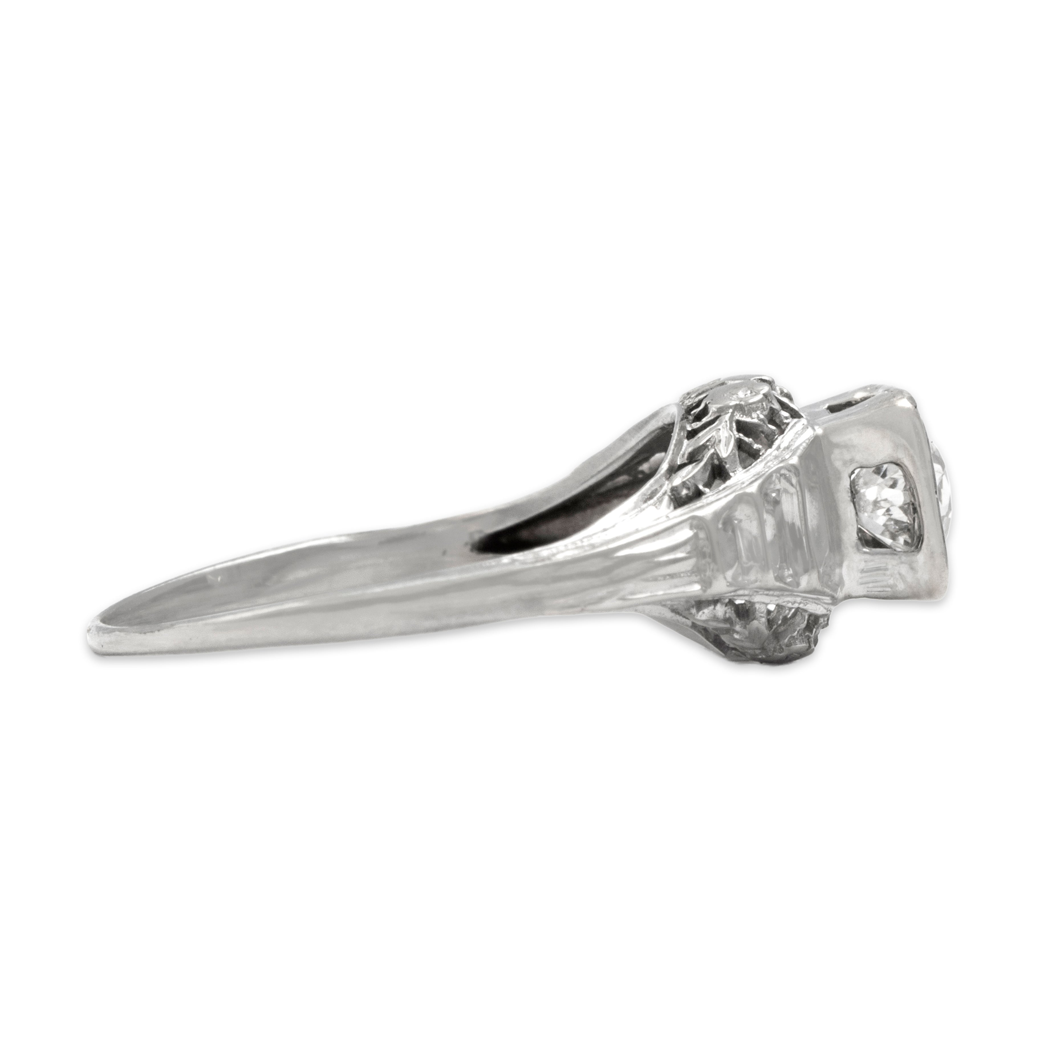 Antique Art Deco 18k White Gold Old Mine Cut Diamond Tall Step Shoulder Solitaire Ring  - Side view