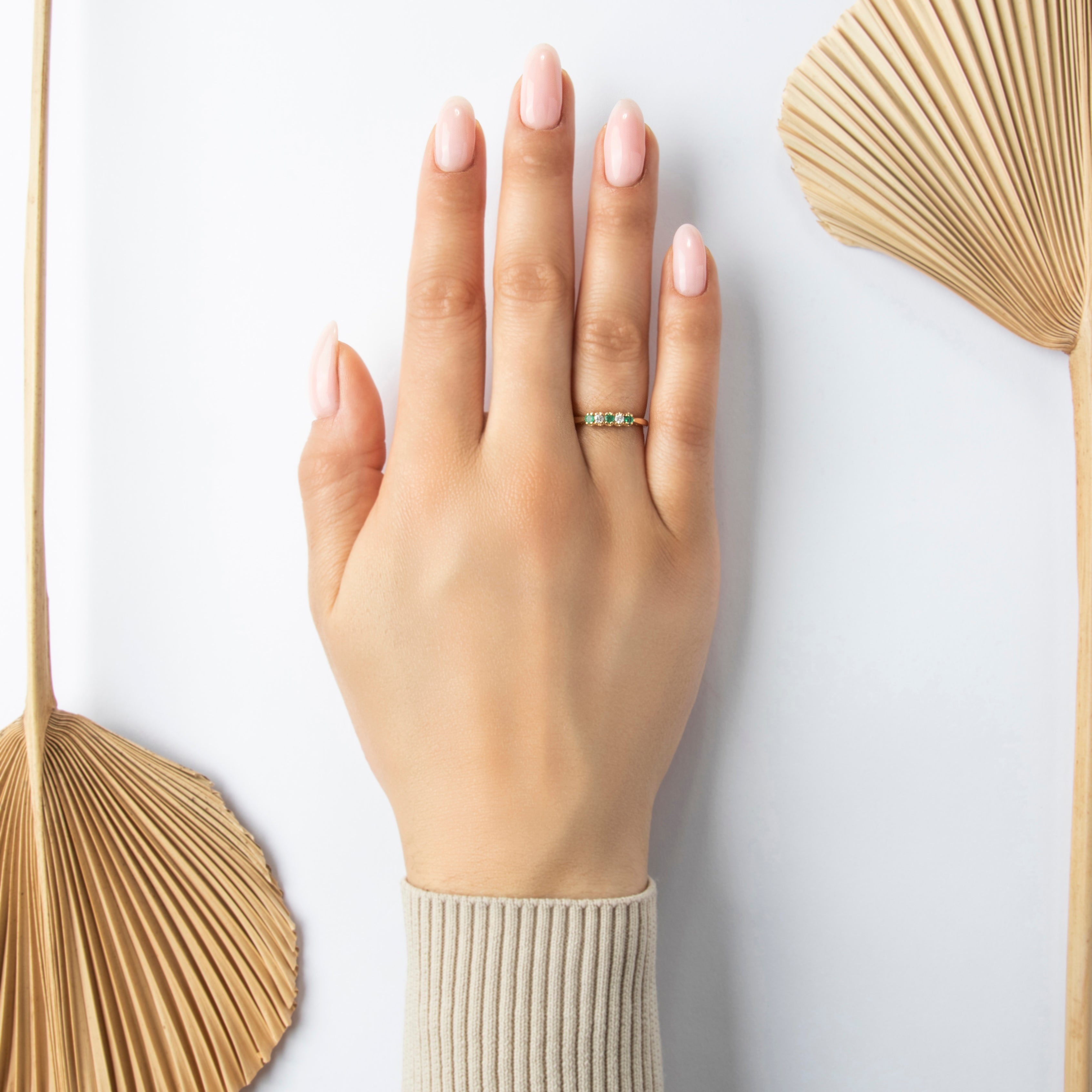 Vintage 14k Yellow Gold Emerald Diamond Quintessential Quintet Line Ring - On model view