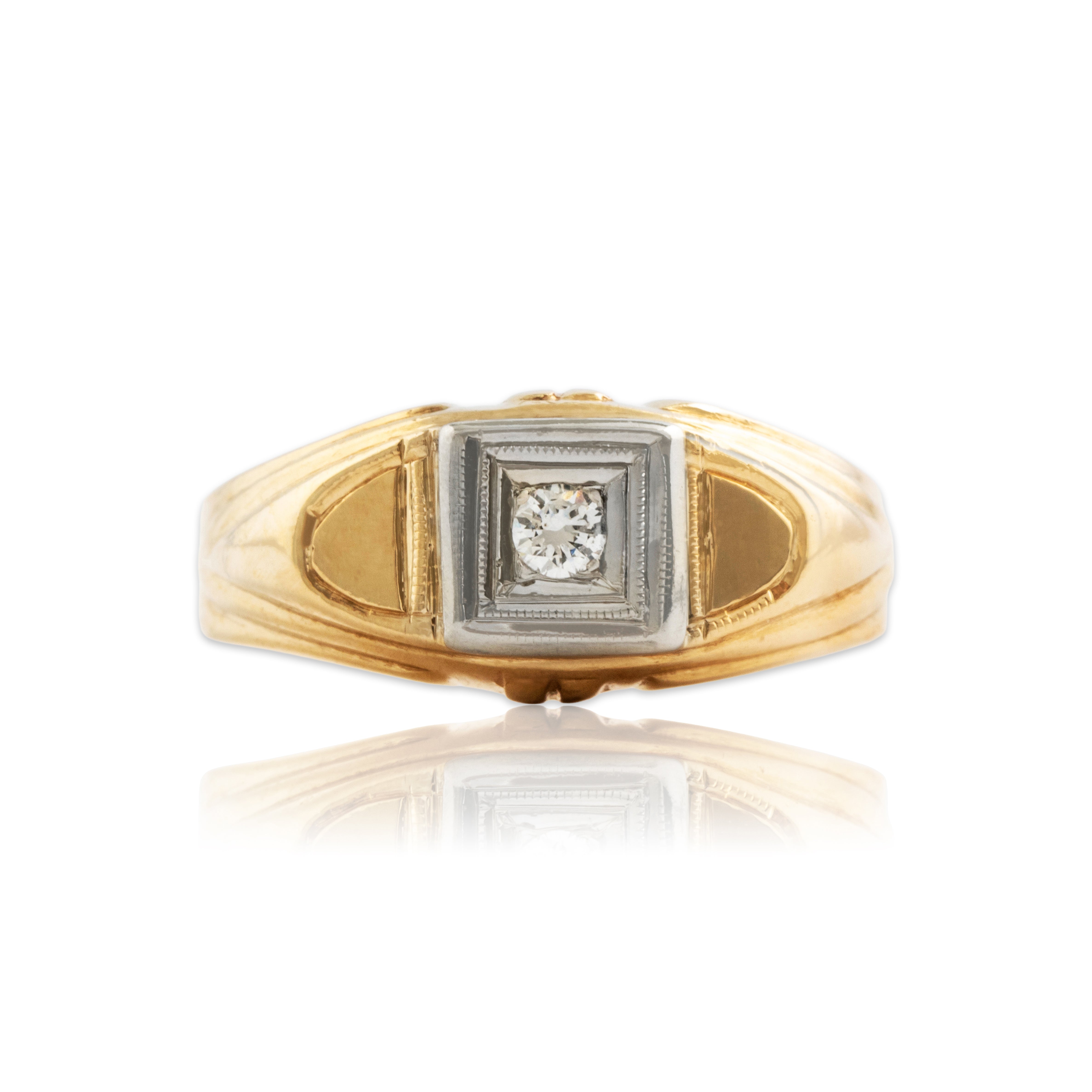 Vintage 14k Yellow & White Gold Diamond Wide Shoulder Ring - Close-up view