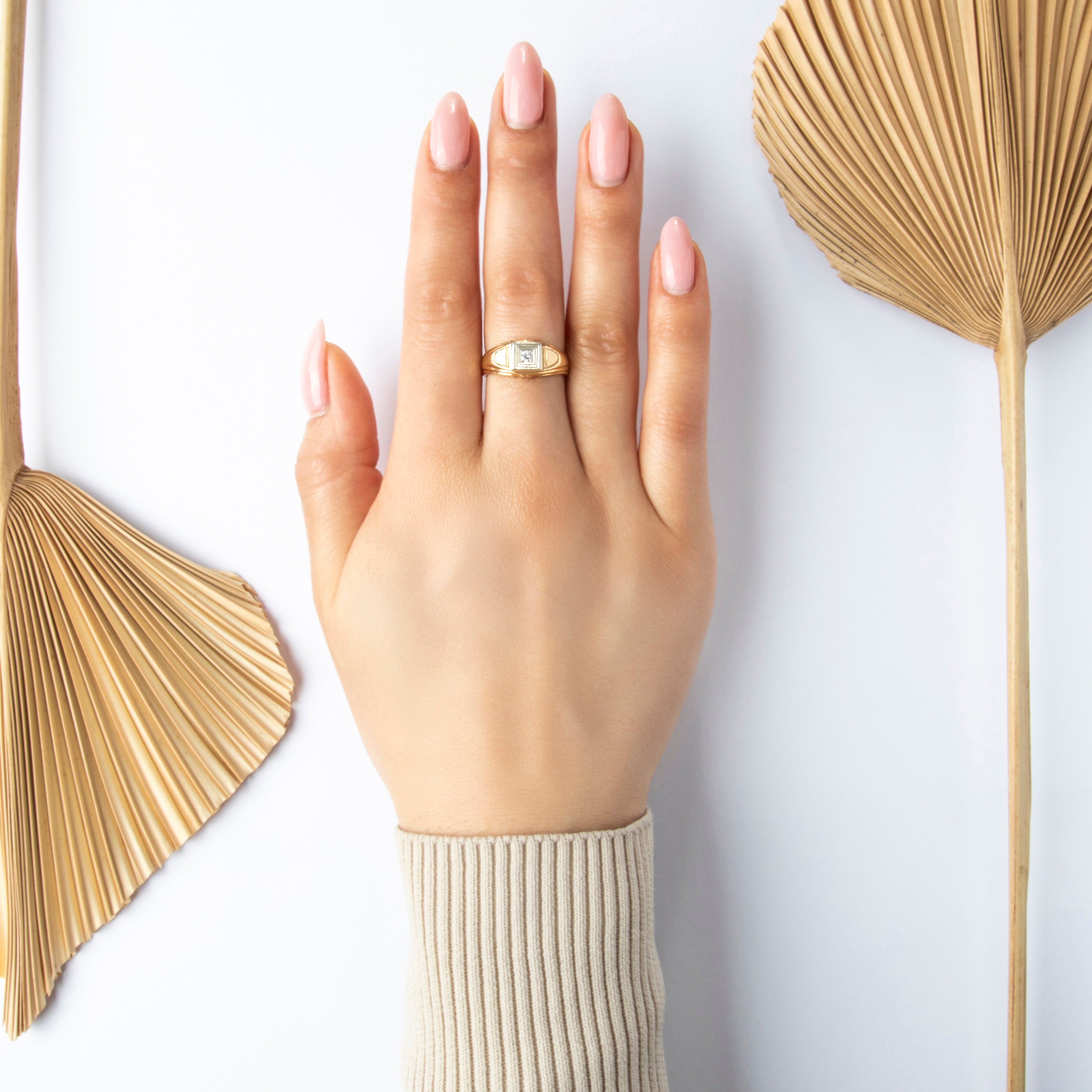 Vintage 14k Yellow & White Gold Diamond Wide Shoulder Ring - On model view