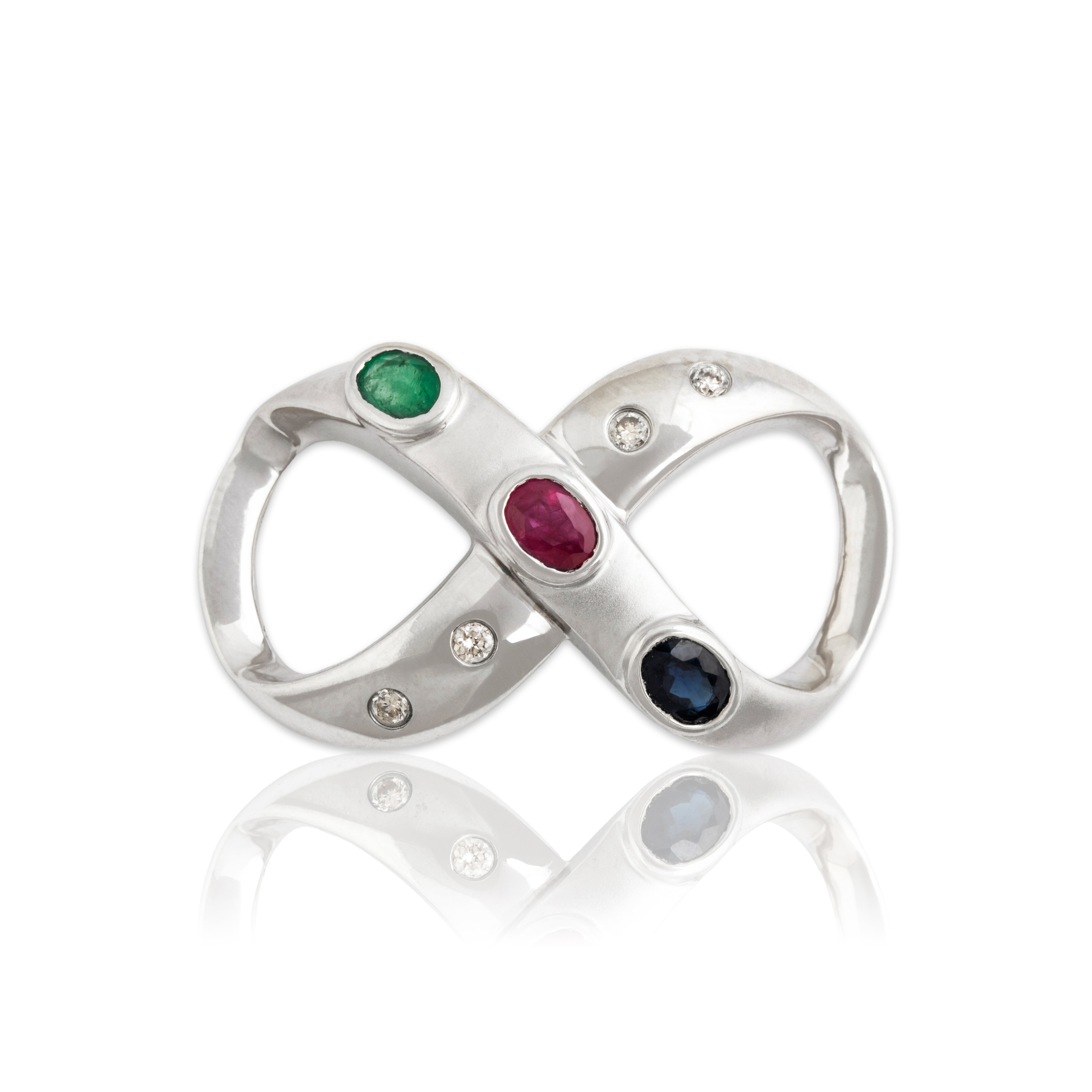 Vintage 14k White Gold Sapphire Ruby Emerald Diamond Infinity Pendant Slide - Close-up view