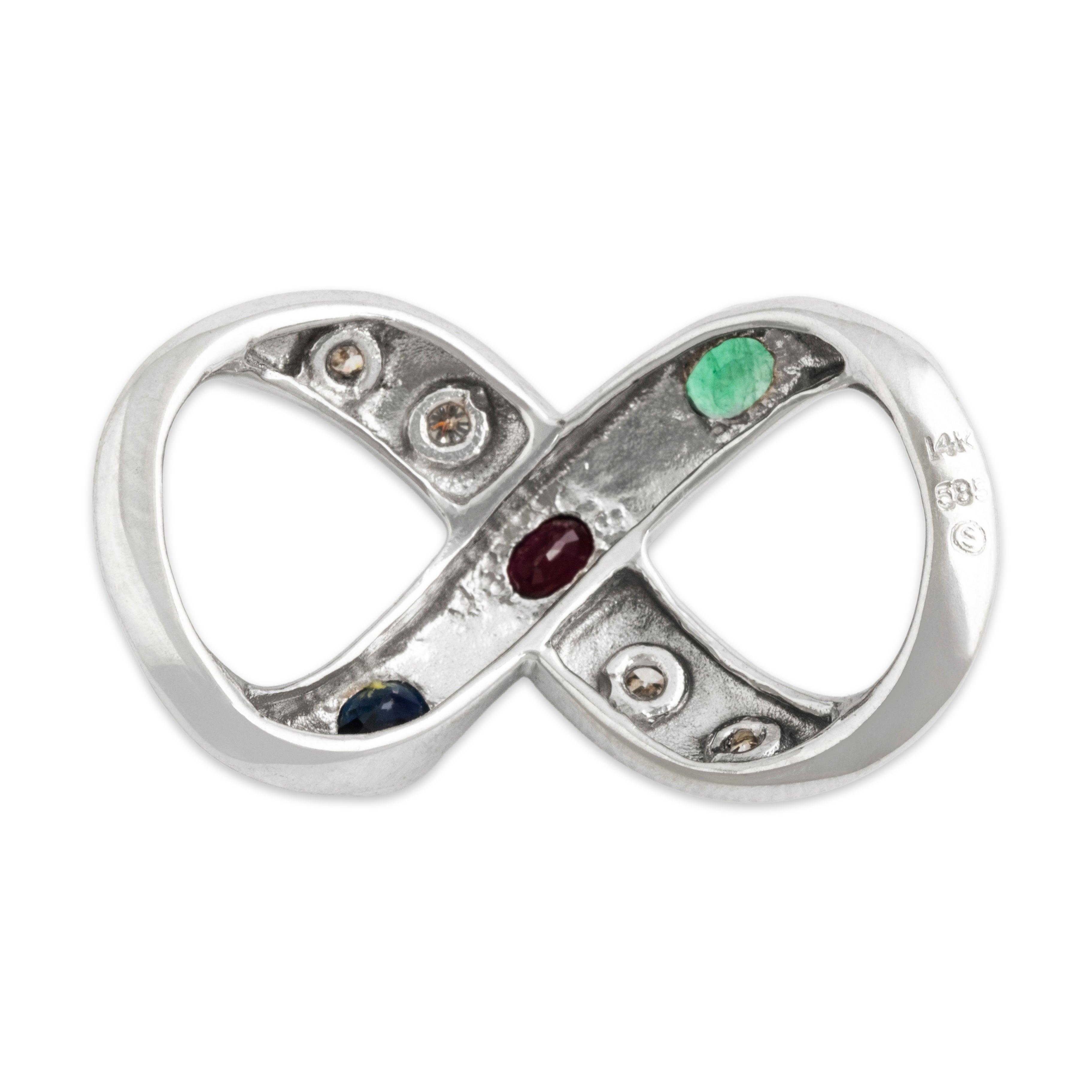 Vintage 14k White Gold Sapphire Ruby Emerald Diamond Infinity Pendant Slide - Back view