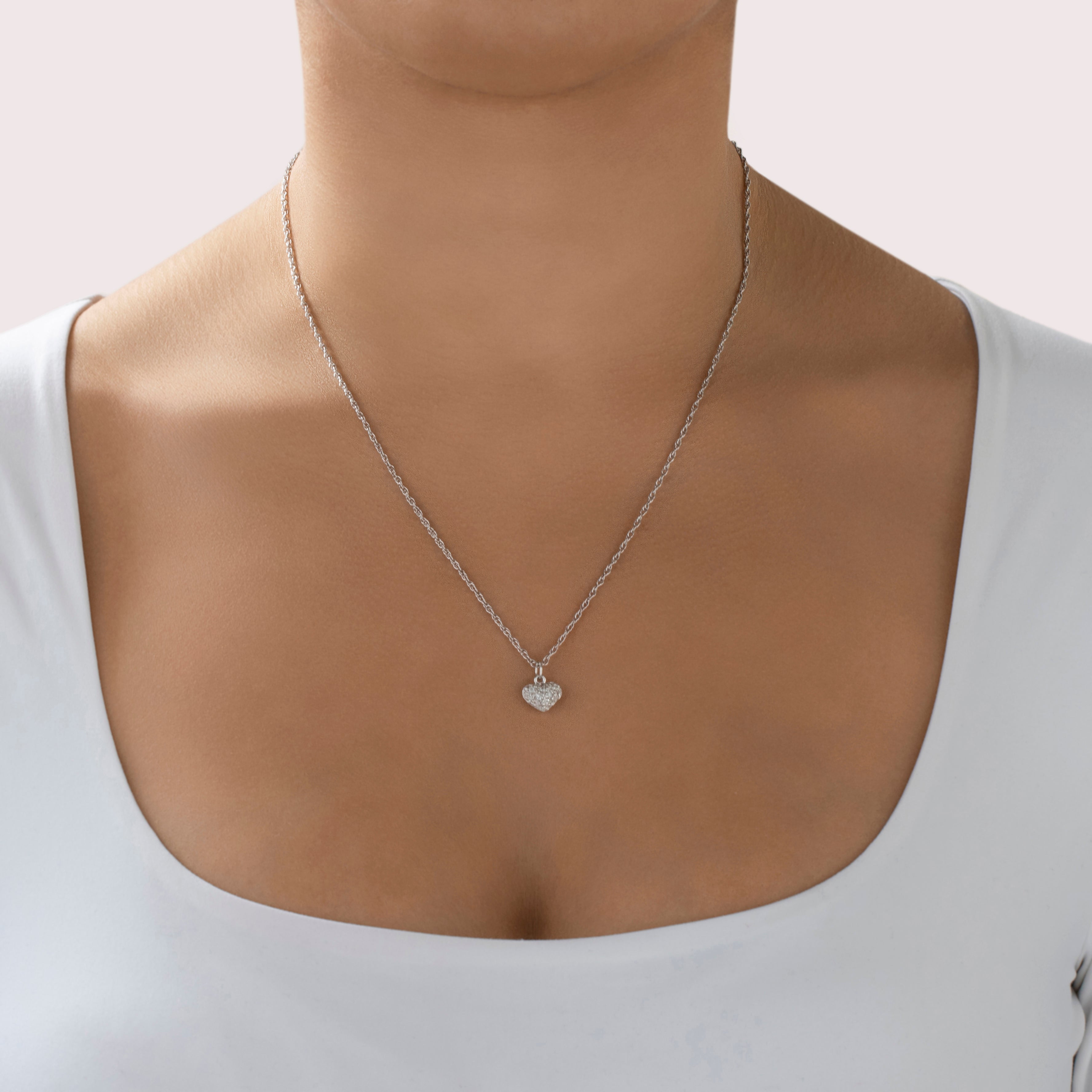 Vintage 14k White Gold Diamond Puffy Heart Charm/Pendant - On model view