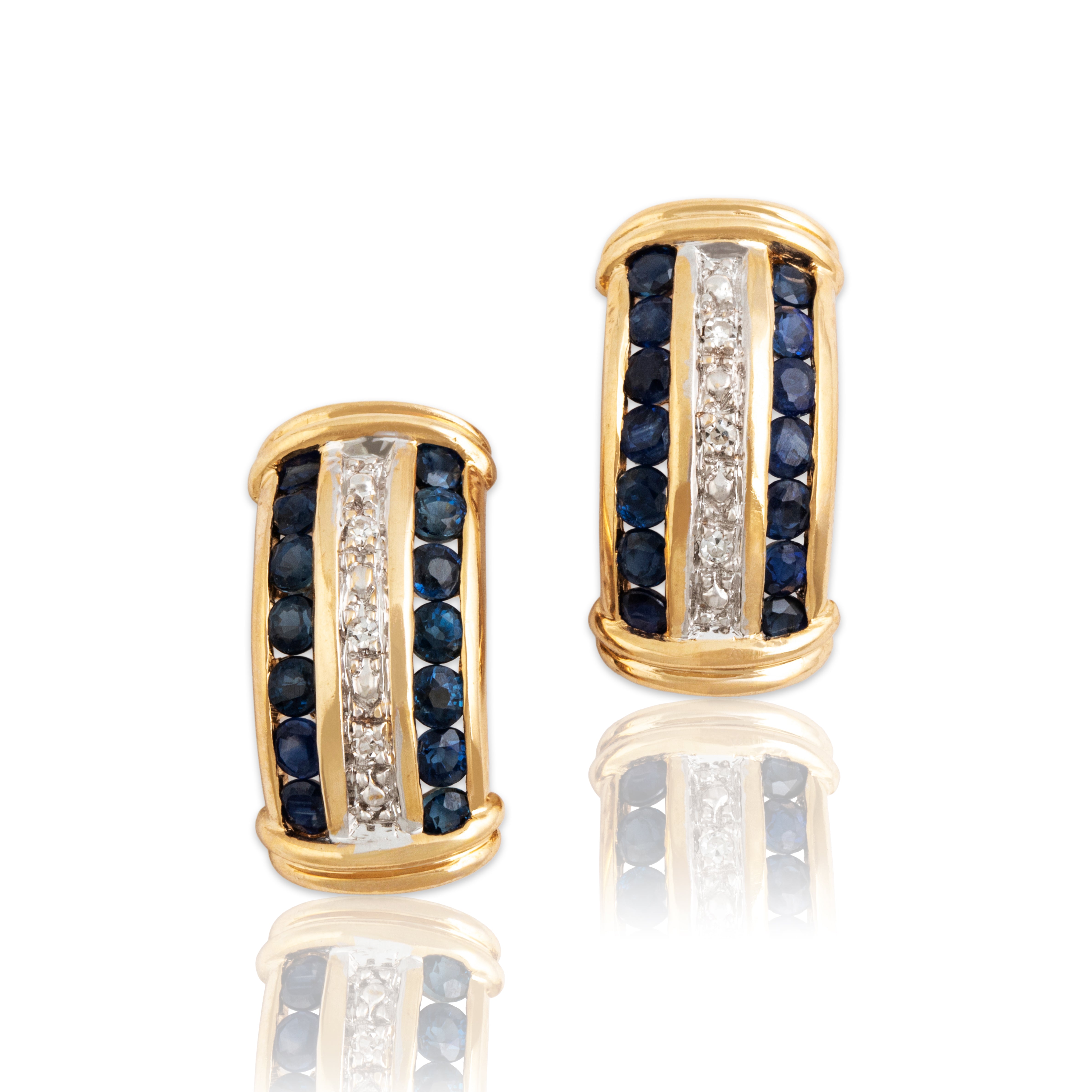 Vintage 14k Yellow & White Gold Blue Sapphire Diamond Earrings - Close-up view
