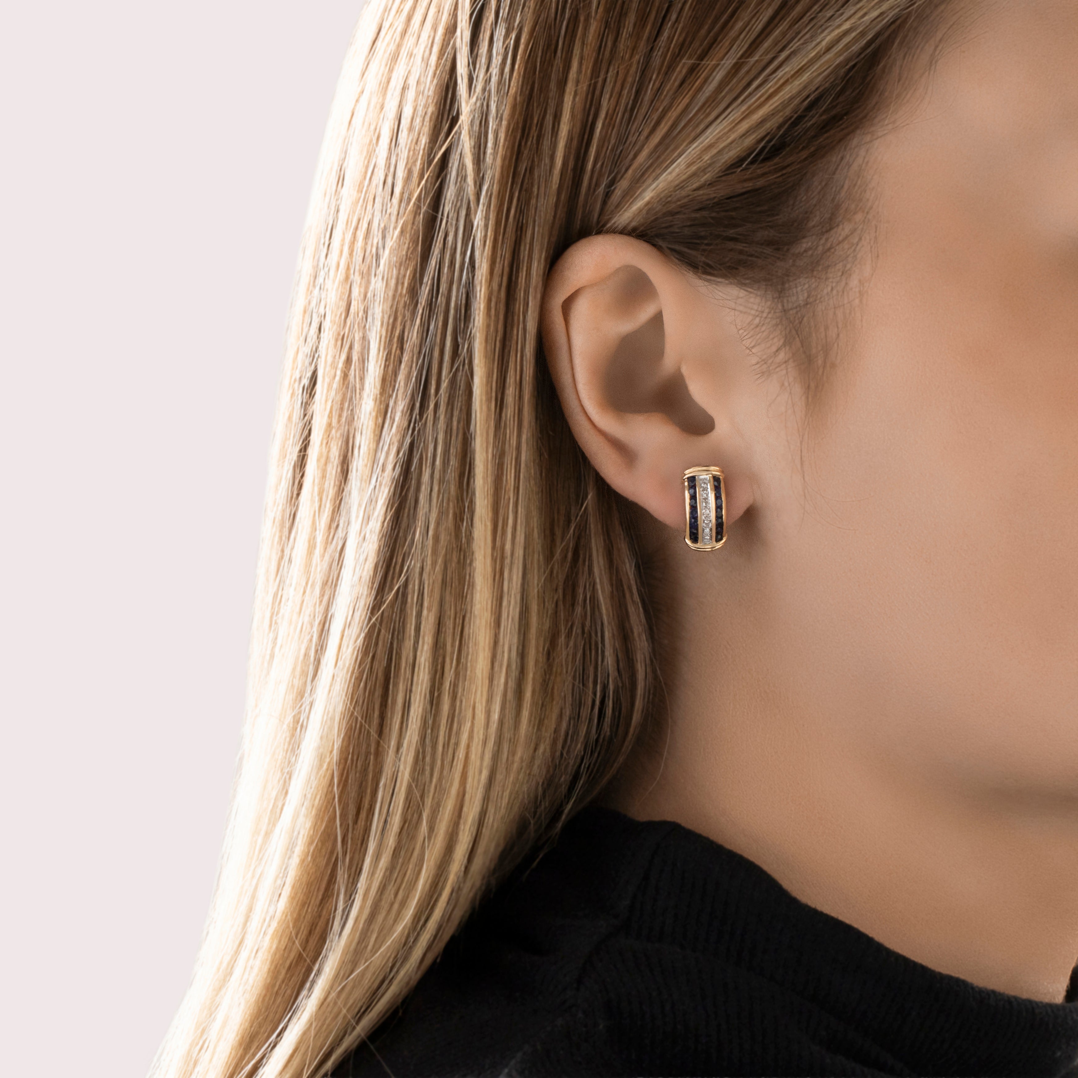 Vintage 14k Yellow & White Gold Blue Sapphire Diamond Earrings - On model view