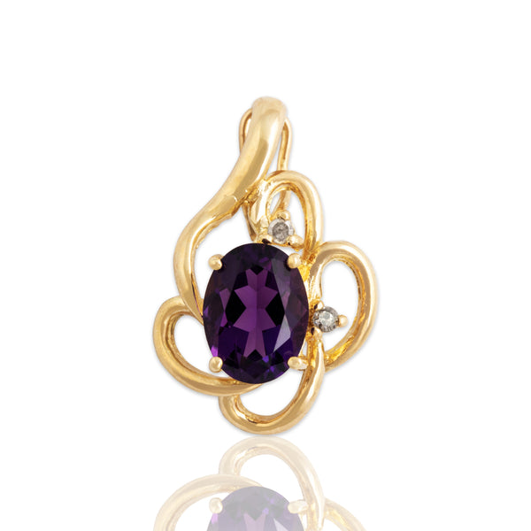 Vintage 14k Yellow Gold 1.09ct Amethyst and Diamond Swirl Enhancer Pendant