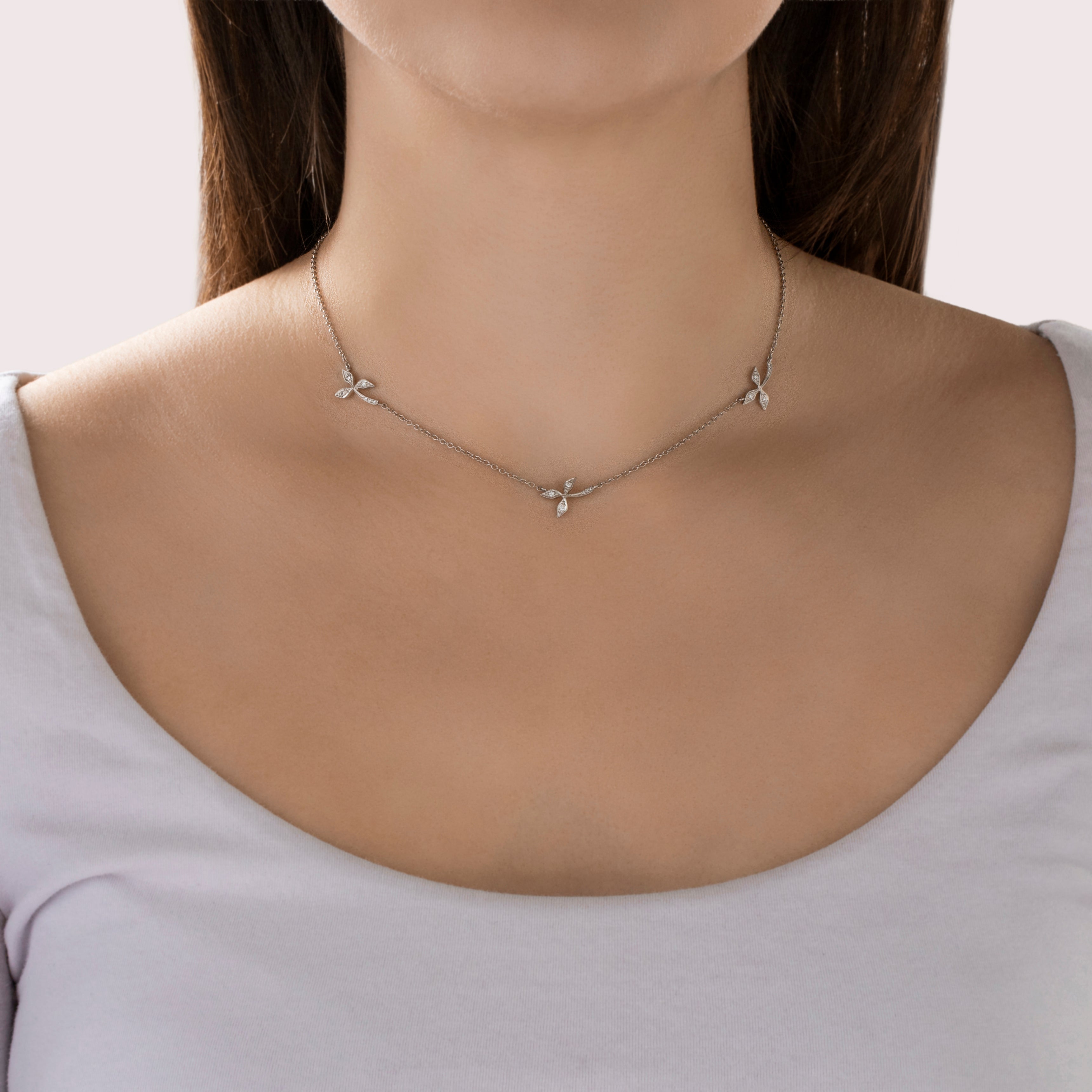 Vintage Platinum Diamond Botanical Station Toggle Clasp Necklace - On model view