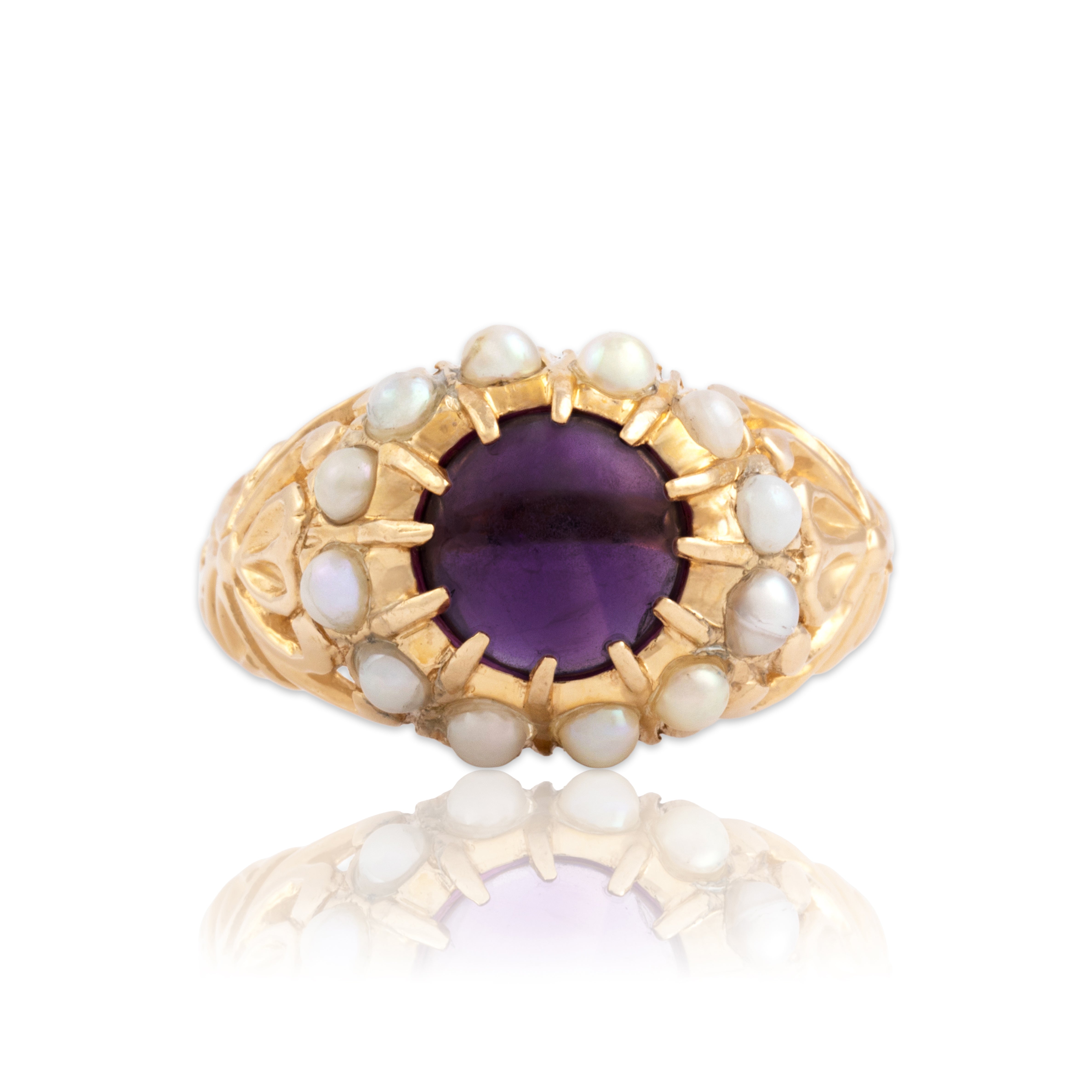 Vintage 14k Yellow Gold 1.51ct Amethyst Pearl Clover Shoulder Cabochon Ring 7.25