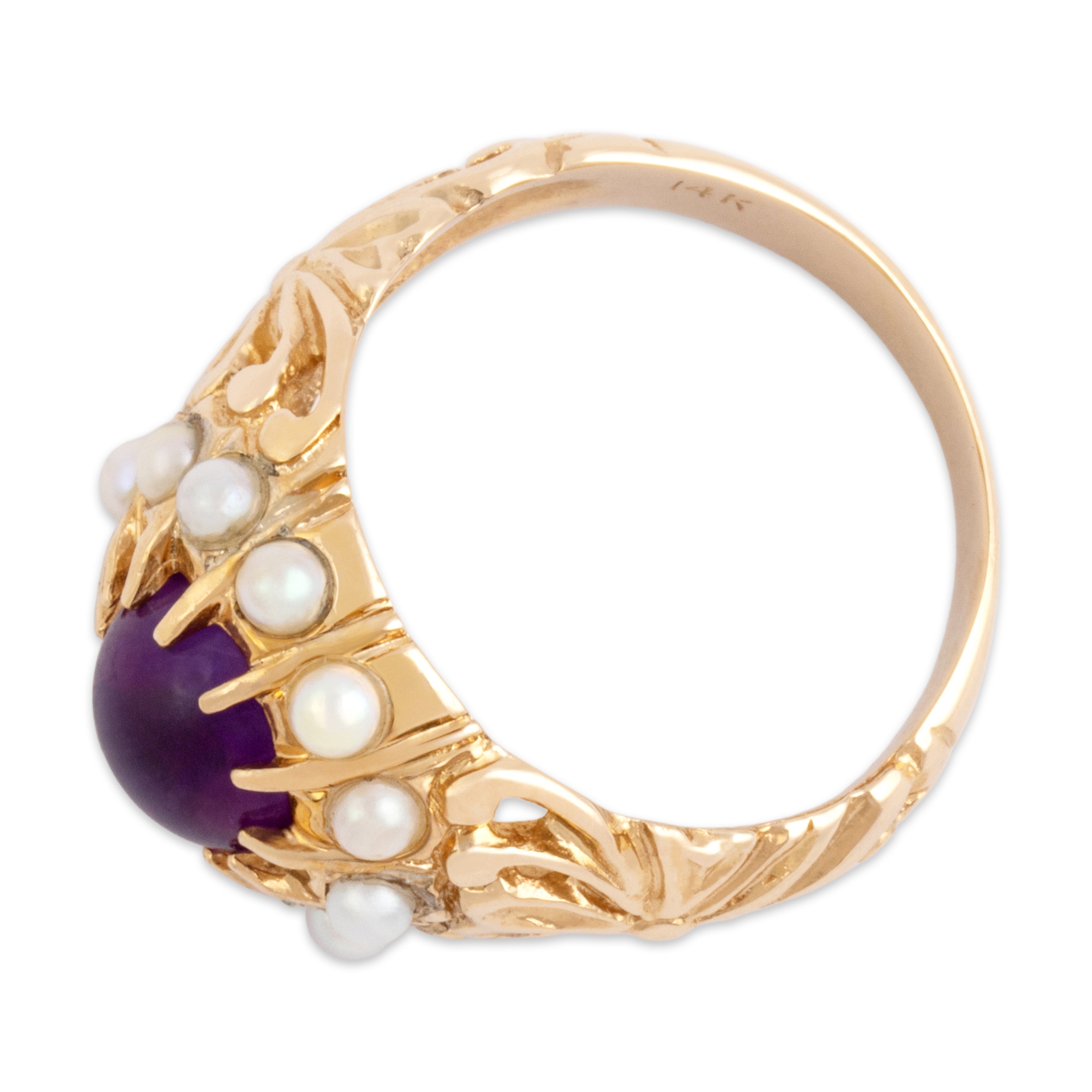 Vintage 14k Yellow Gold 1.51ct Amethyst Pearl Ornate Clover Shoulder Cabochon Ring - Overall view
