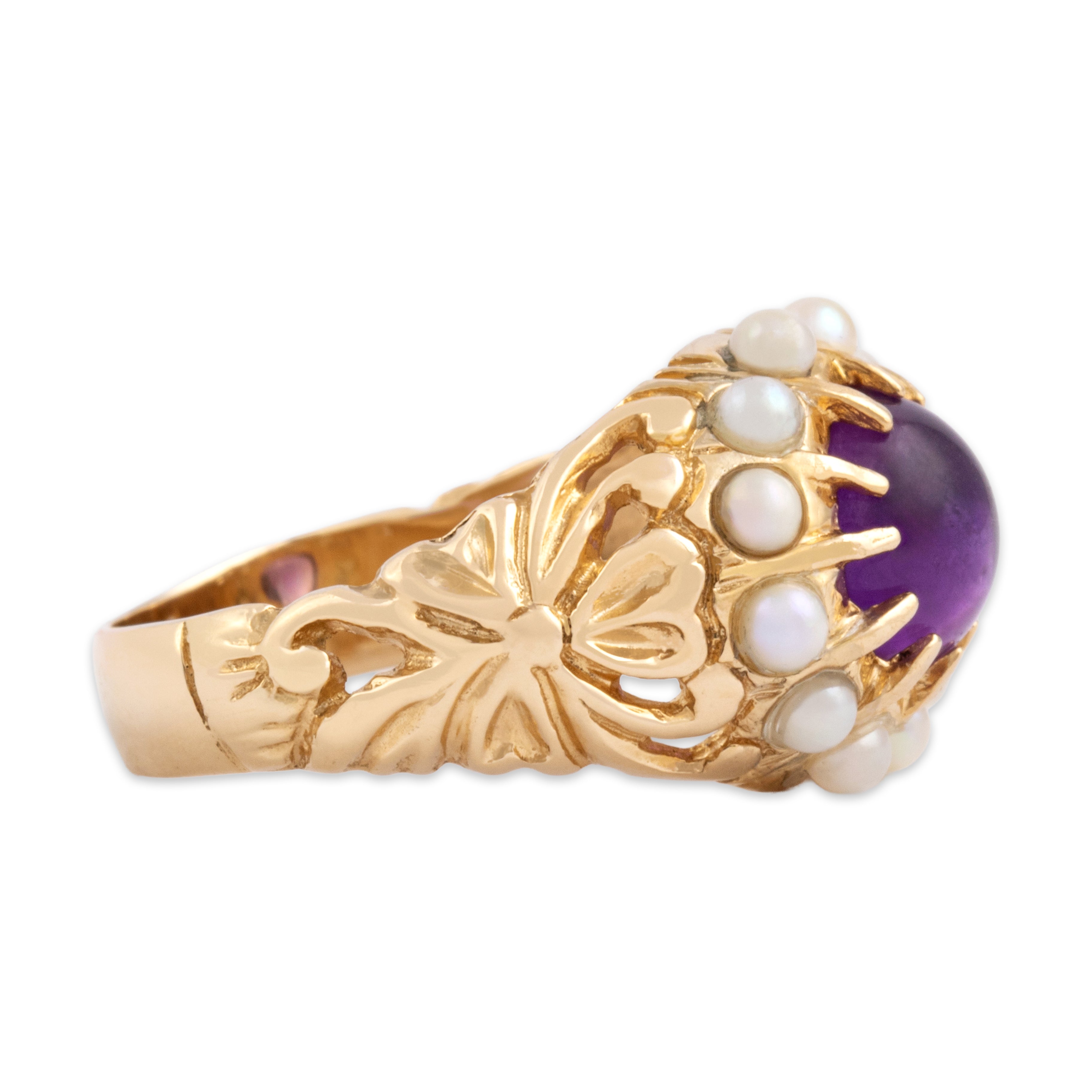 Vintage 14k Yellow Gold 1.51ct Amethyst Pearl Ornate Clover Shoulder Cabochon Ring - Side view