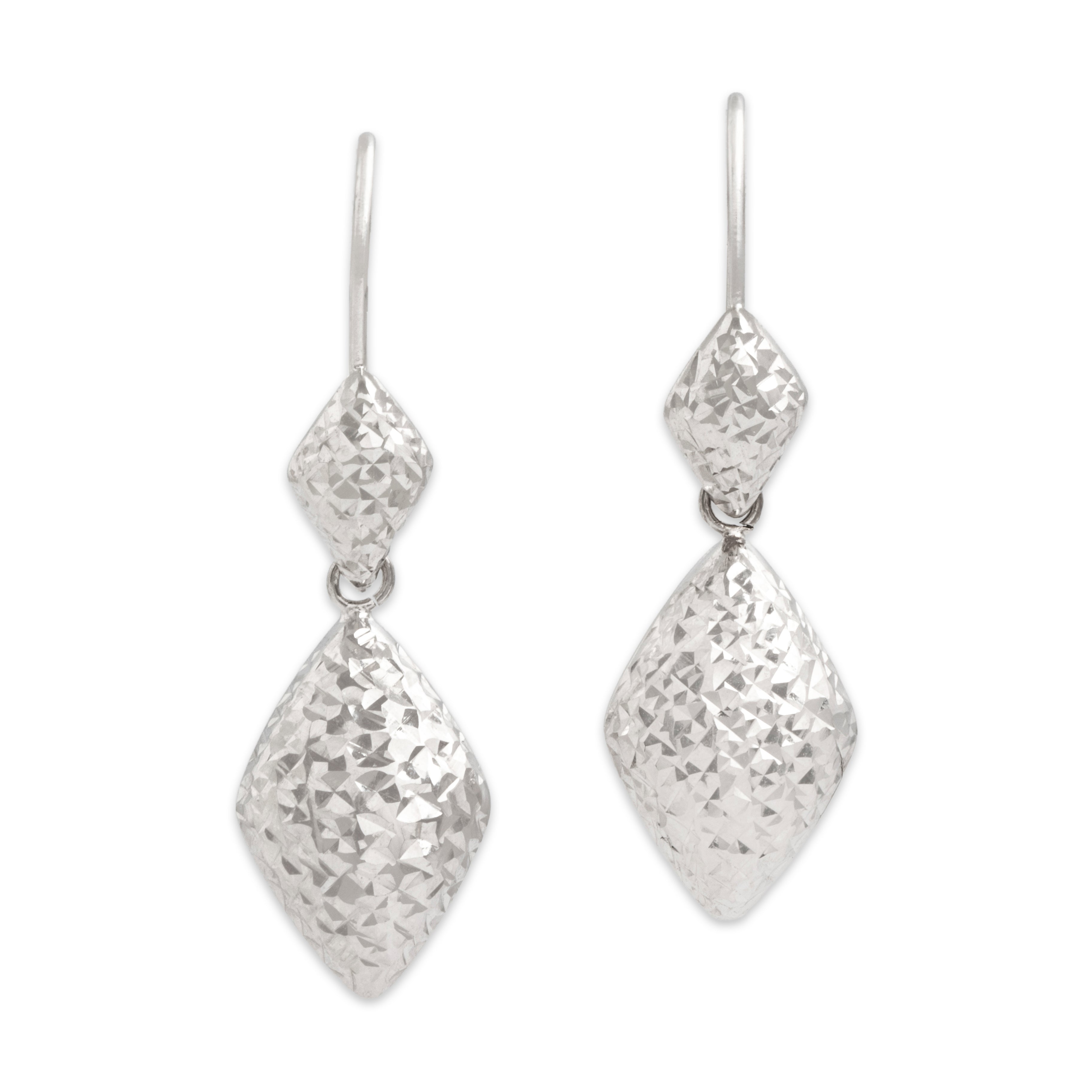Vintage 14k White Gold Textured Puffy Dangle Earrings - Close-up view