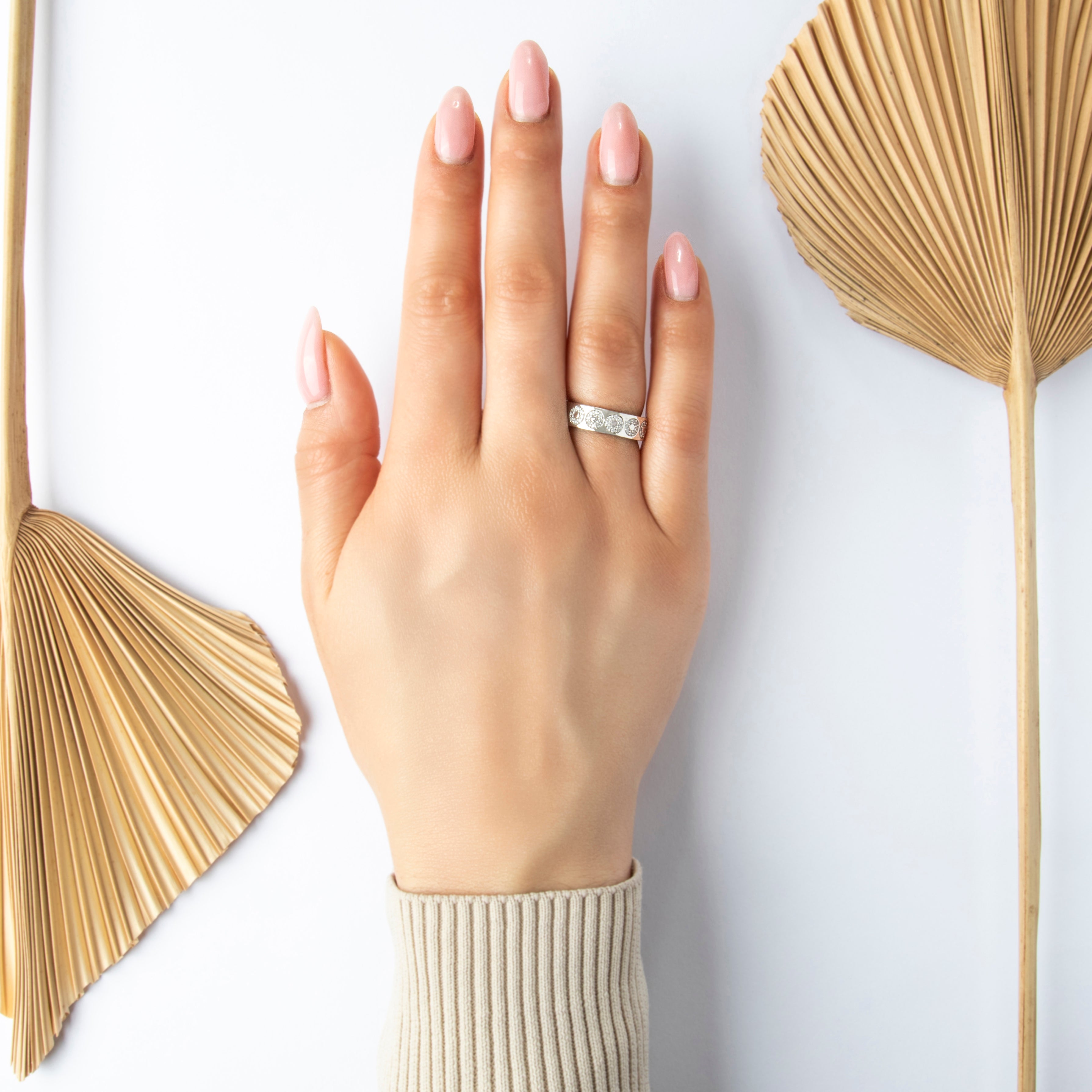 Vintage 14k White Gold Diamond Gleaming Circles Ring Band - On model view