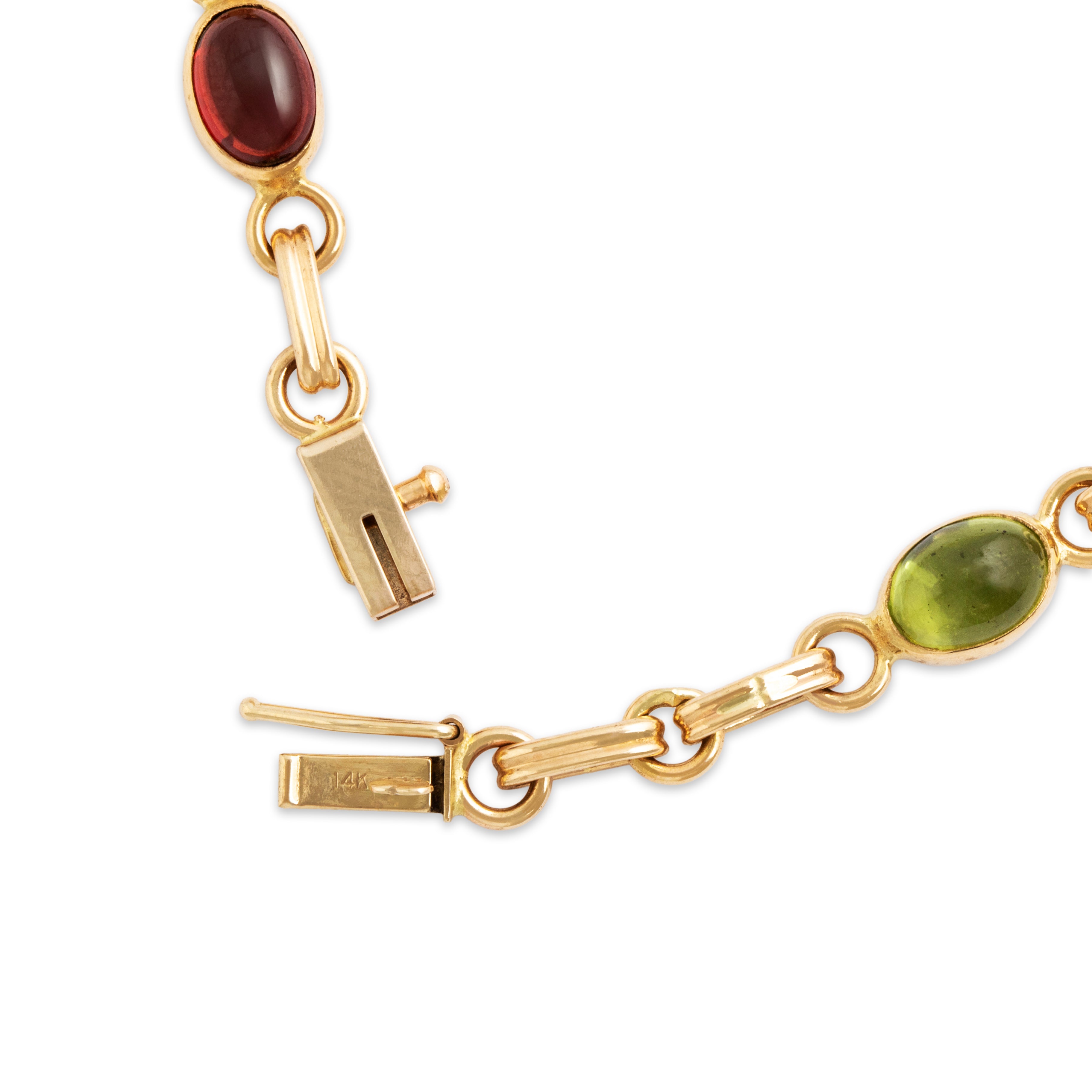 Vintage 14k Yellow Gold Garnet Peridot Blue Topaz Bracelet - clasp view