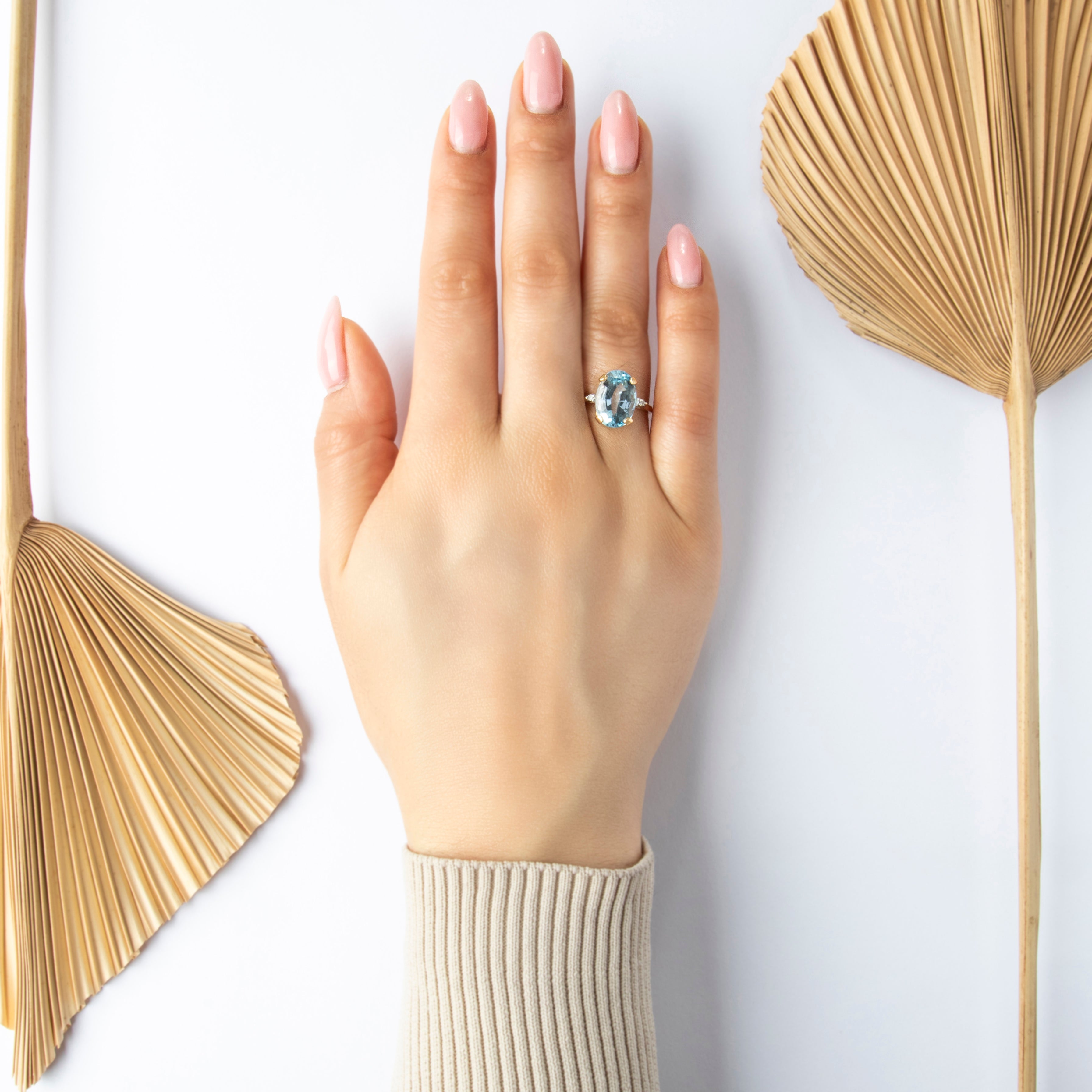 Vintage 14k Yellow Gold Light Blue Topaz And Diamond Ring - On model view