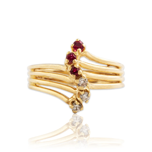 Vintage 14k Yellow Gold Ruby and Diamond Snaking Line Ring 6.50