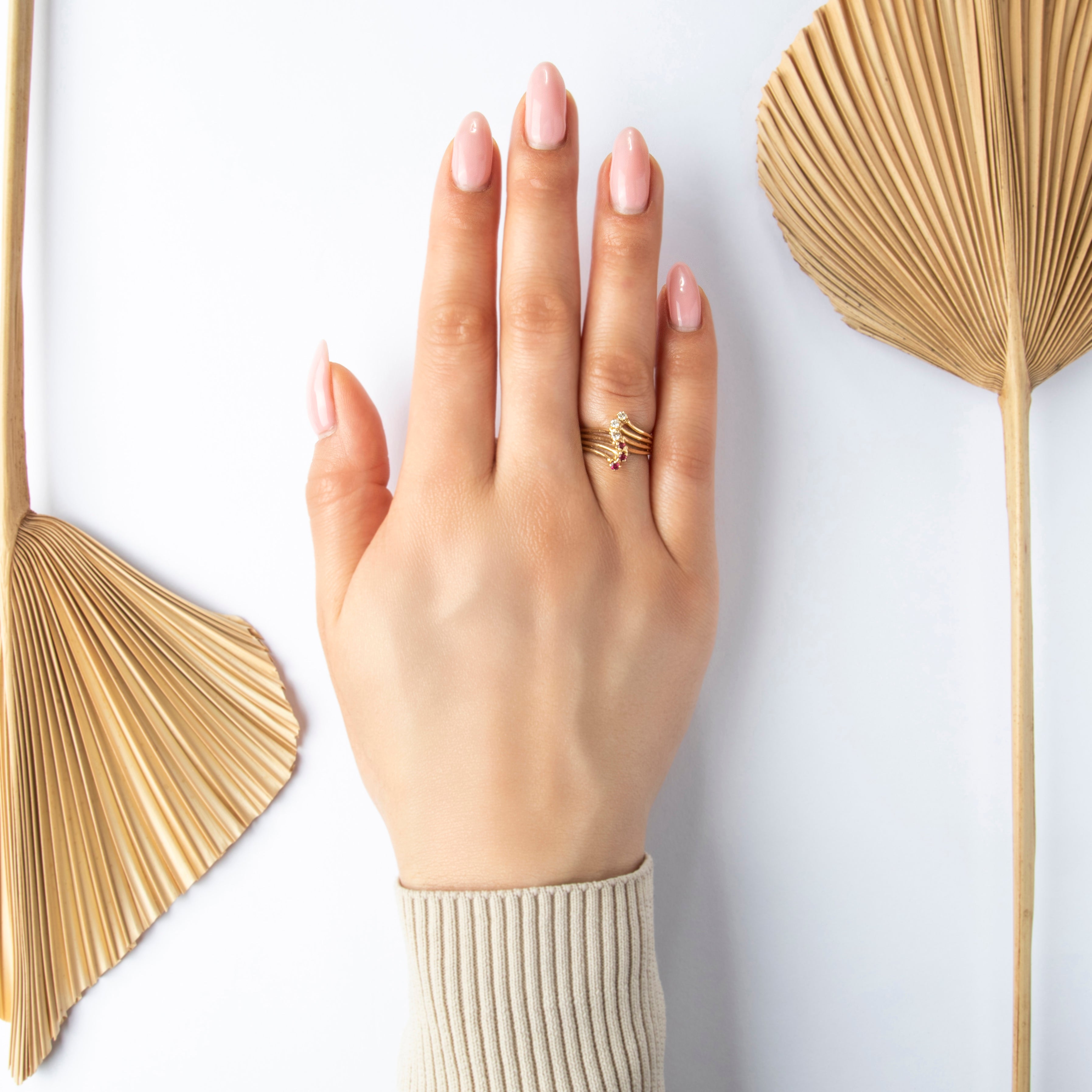 Vintage 14k Yellow Gold Ruby and Diamond Snaking Line Ring - On model view