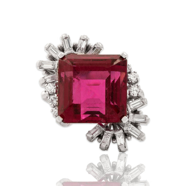 Vintage Heavy Platinum 17.16ct Pink Tourmaline 1.01cttw Diamond Cocktail Ring 4.75