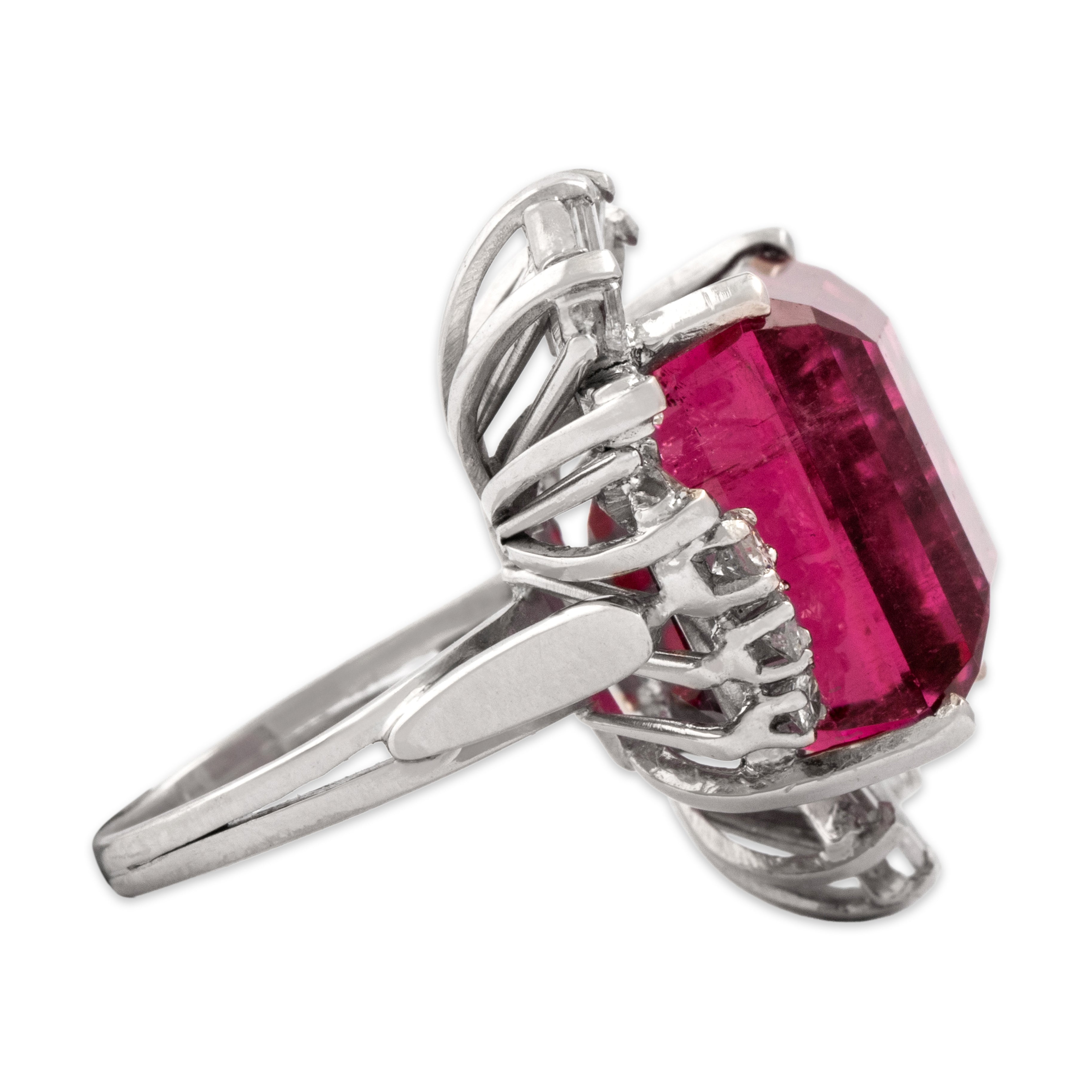 Vintage Heavy Platinum 17.16ct Pink Tourmaline 1.01cttw Diamond Cocktail Ring - Side view