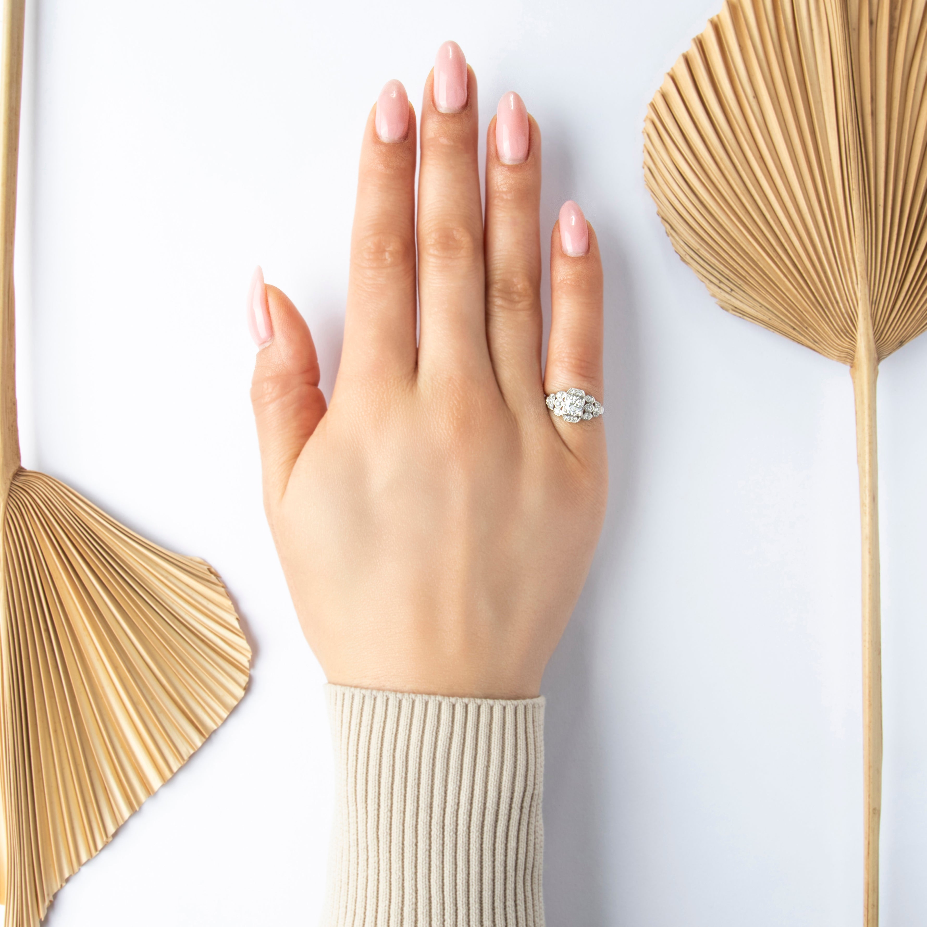 Antique Art Deco Platinum Old European Cut Diamond Ring - On model view