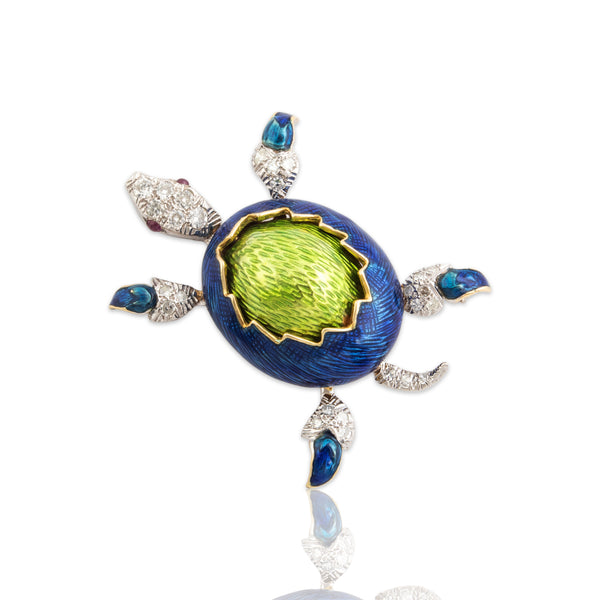 Vintage 18k Yellow & 14k White Gold Diamond Ruby Enamel Superb Turtle Brooch