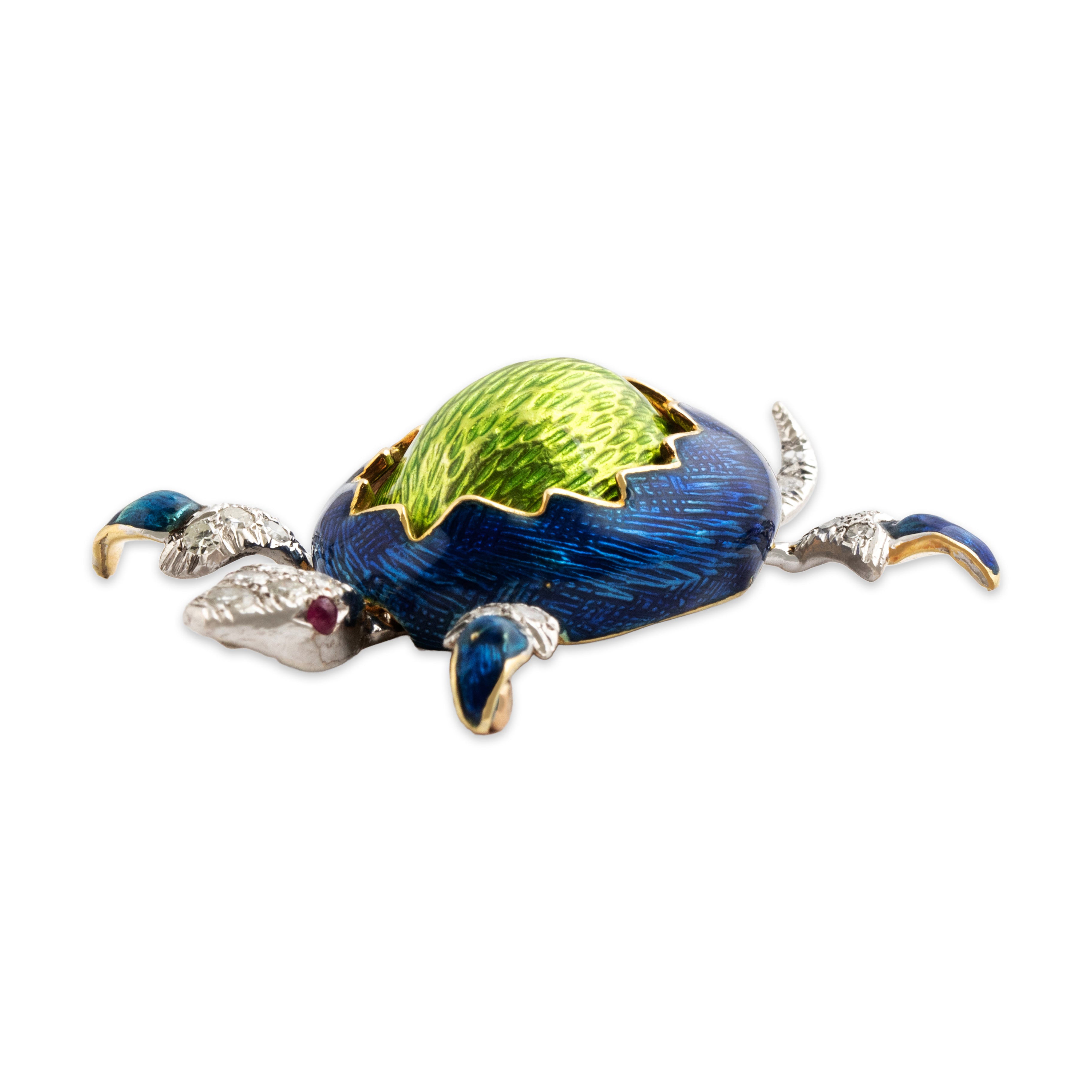 Vintage 18k Yellow & 14k White Gold Diamond Ruby Turtle Brooch Pin - Overall view