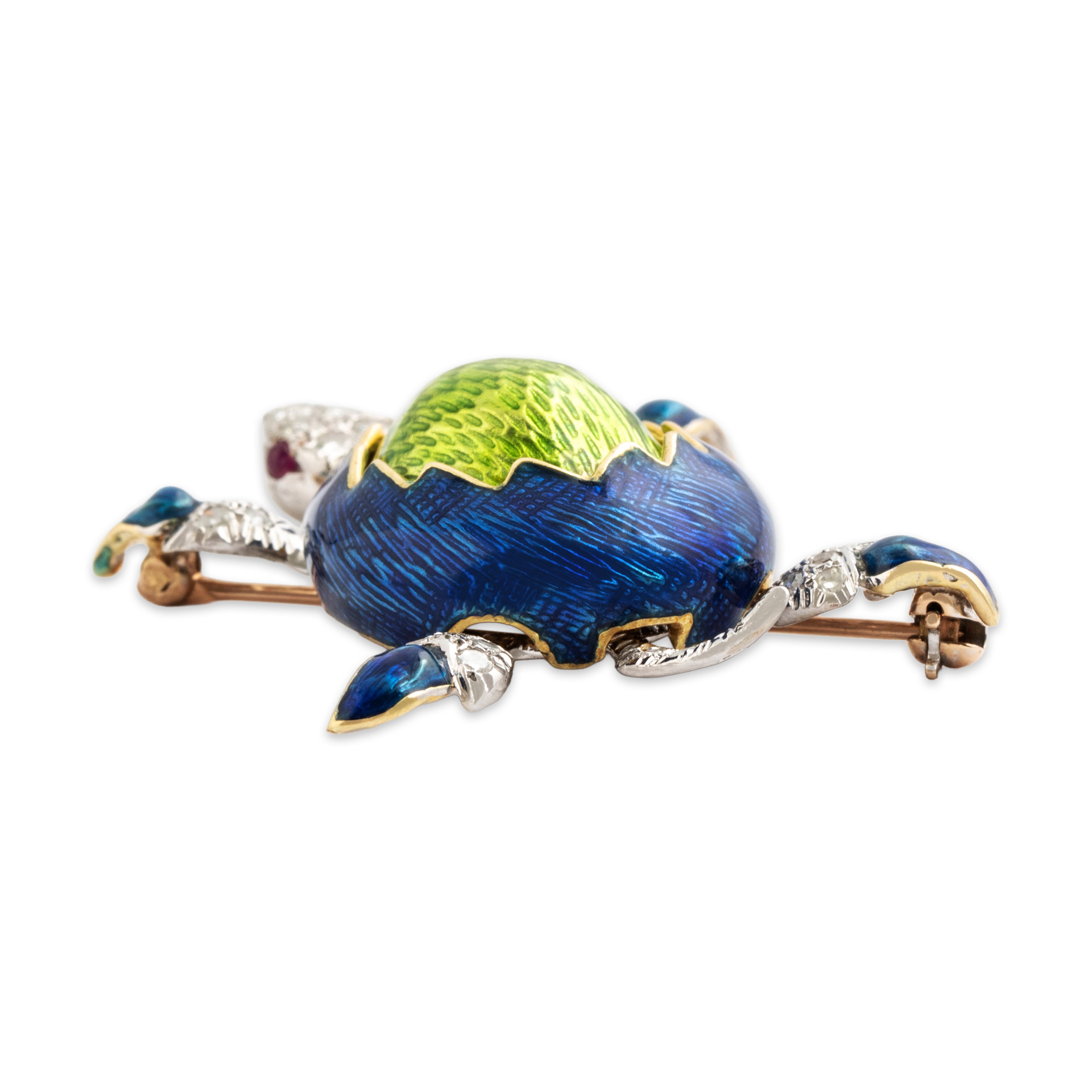 Vintage 18k Yellow & 14k White Gold Diamond Ruby Turtle Brooch Pin - Side view