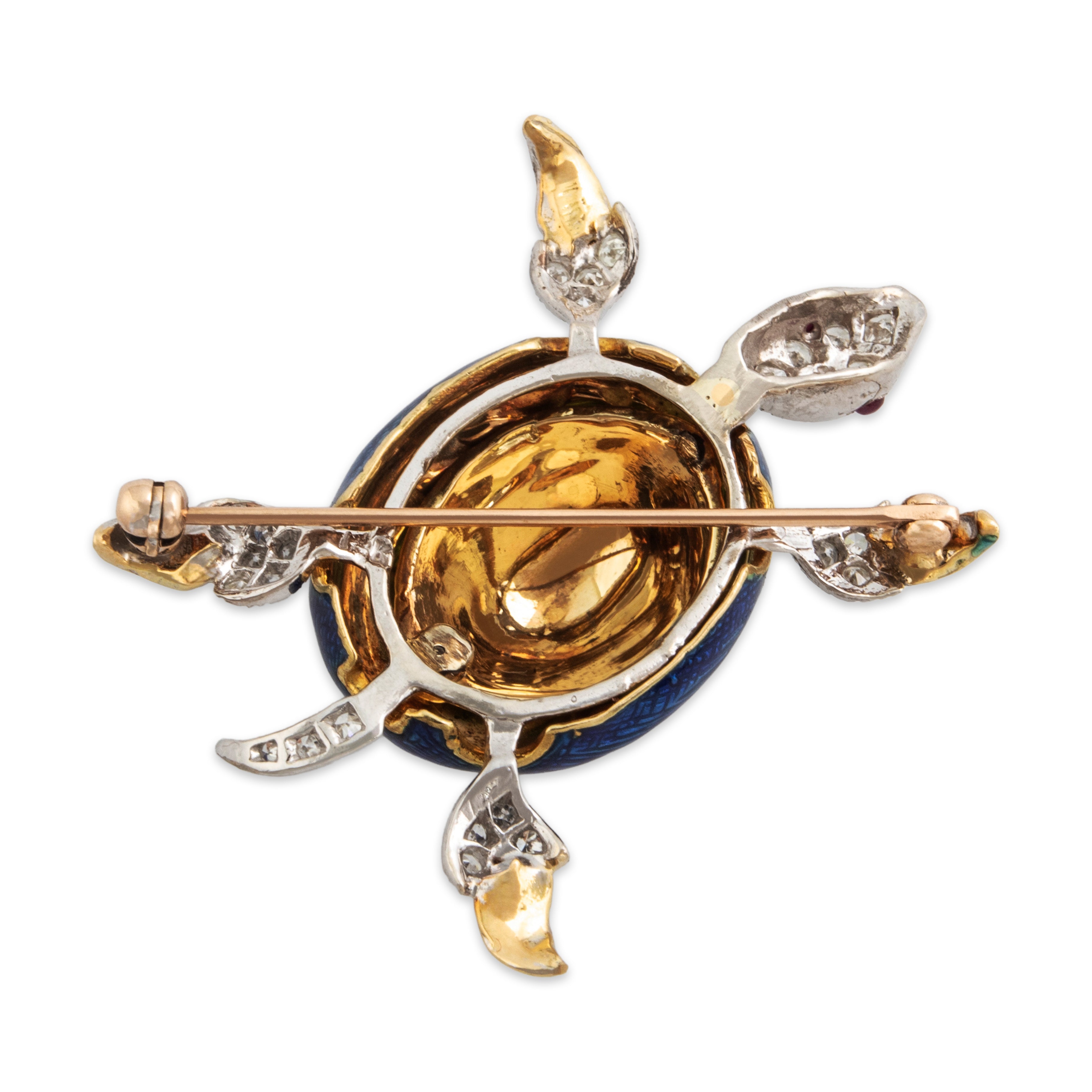Vintage 18k Yellow & 14k White Gold Diamond Ruby Turtle Brooch Pin - Back view