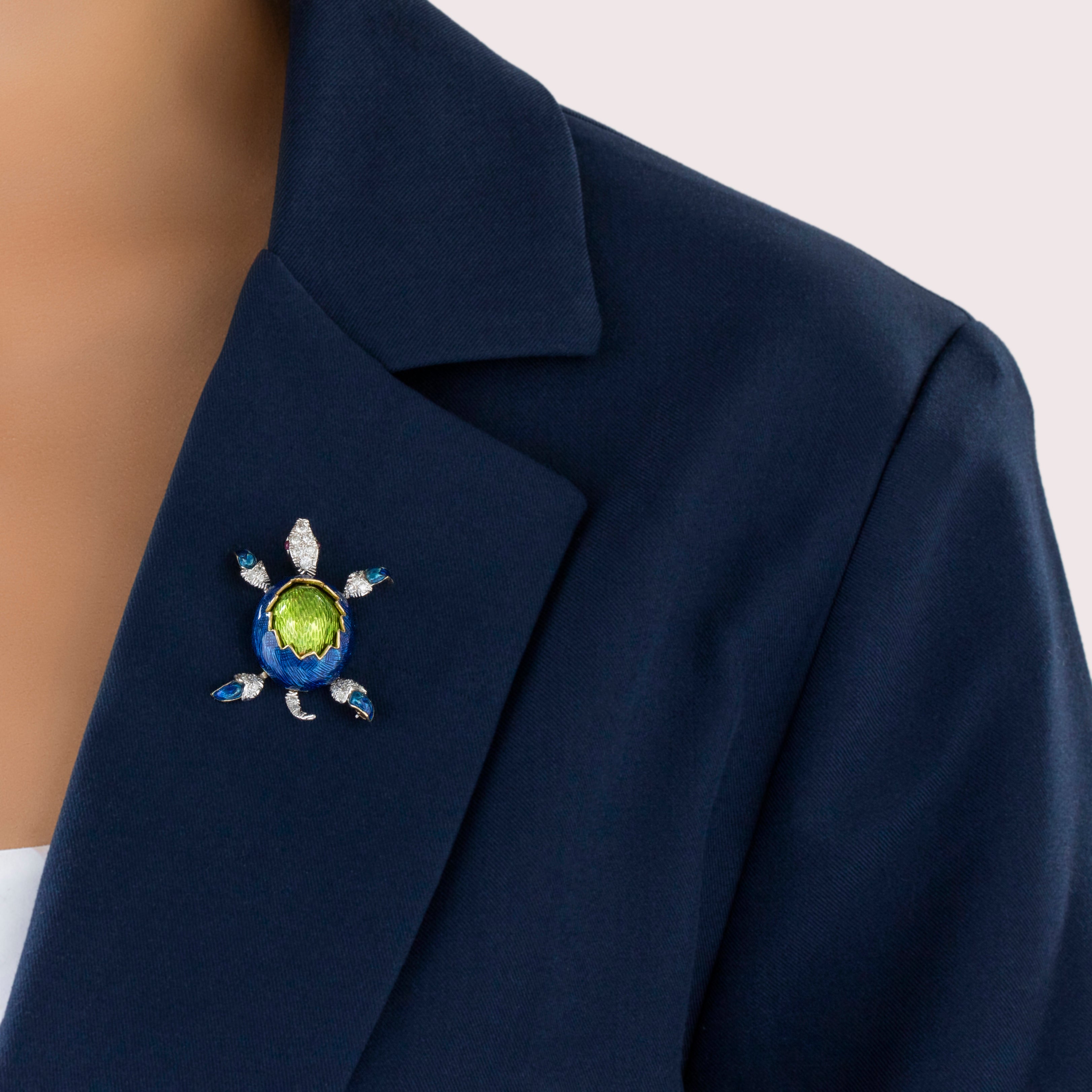 Vintage 18k Yellow & 14k White Gold Diamond Ruby Turtle Brooch Pin - On model view