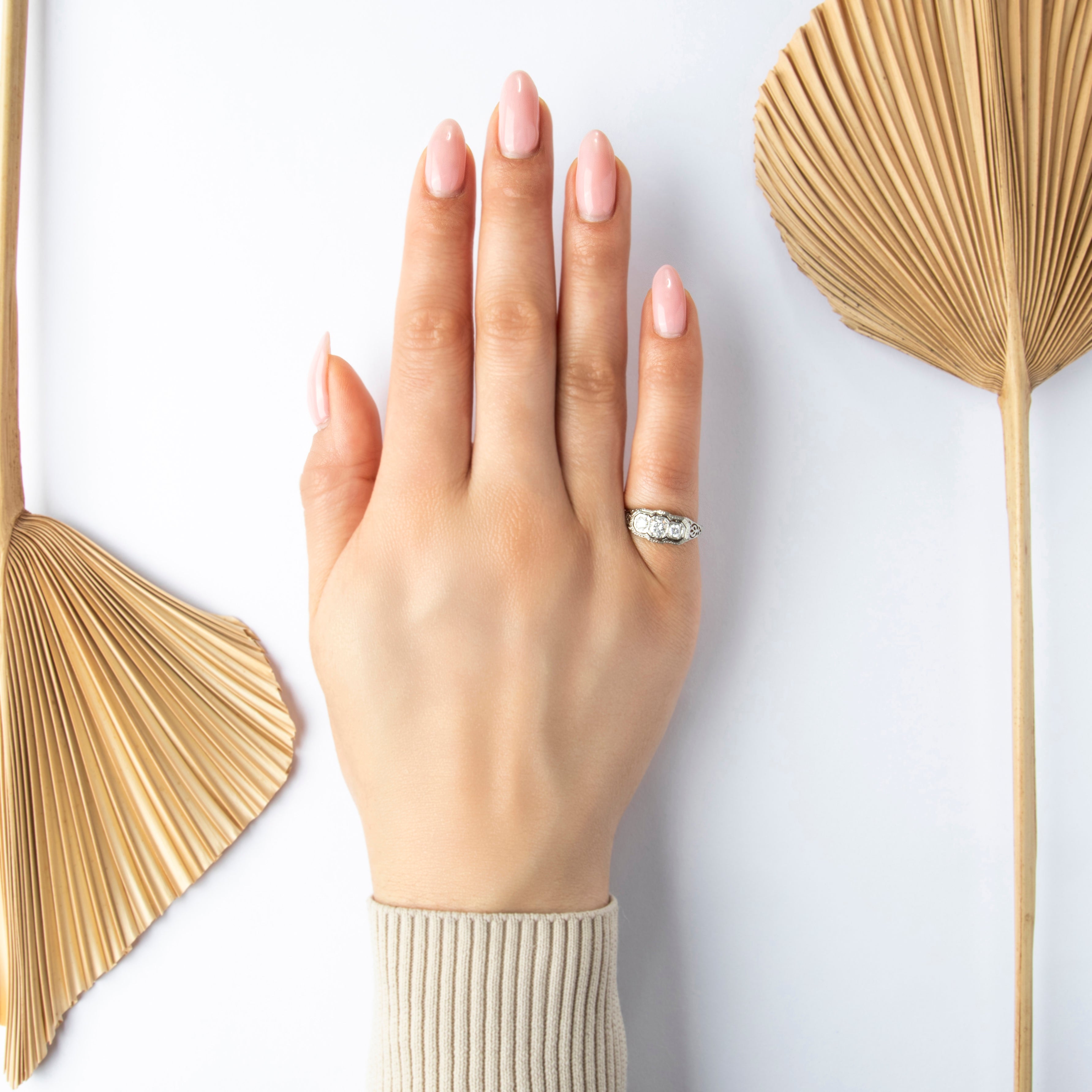 Vintage 18k White Gold Diamond Bar Trio Ring - On model view