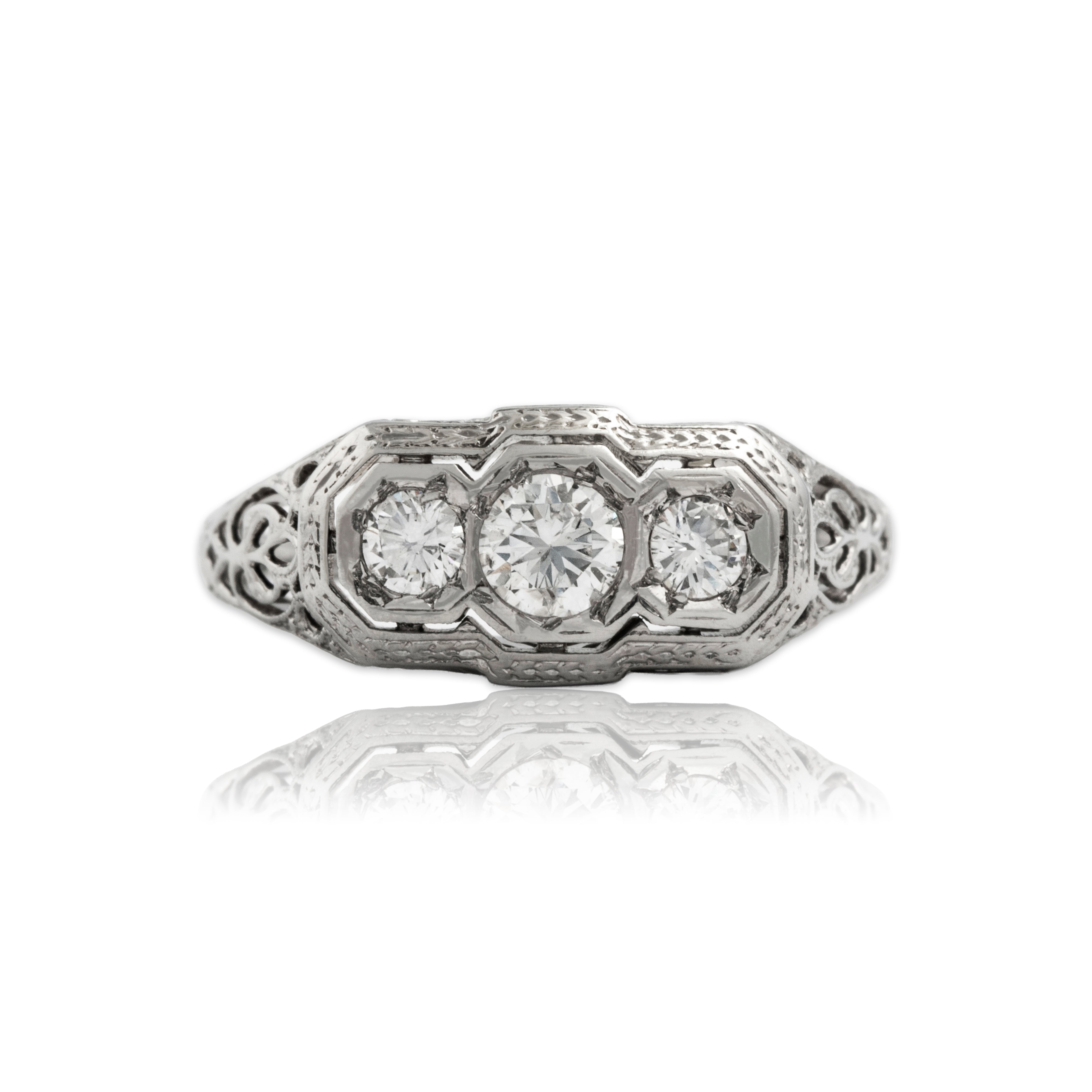 Vintage 18k White Gold Diamond Bar Trio Ring - Close-up view