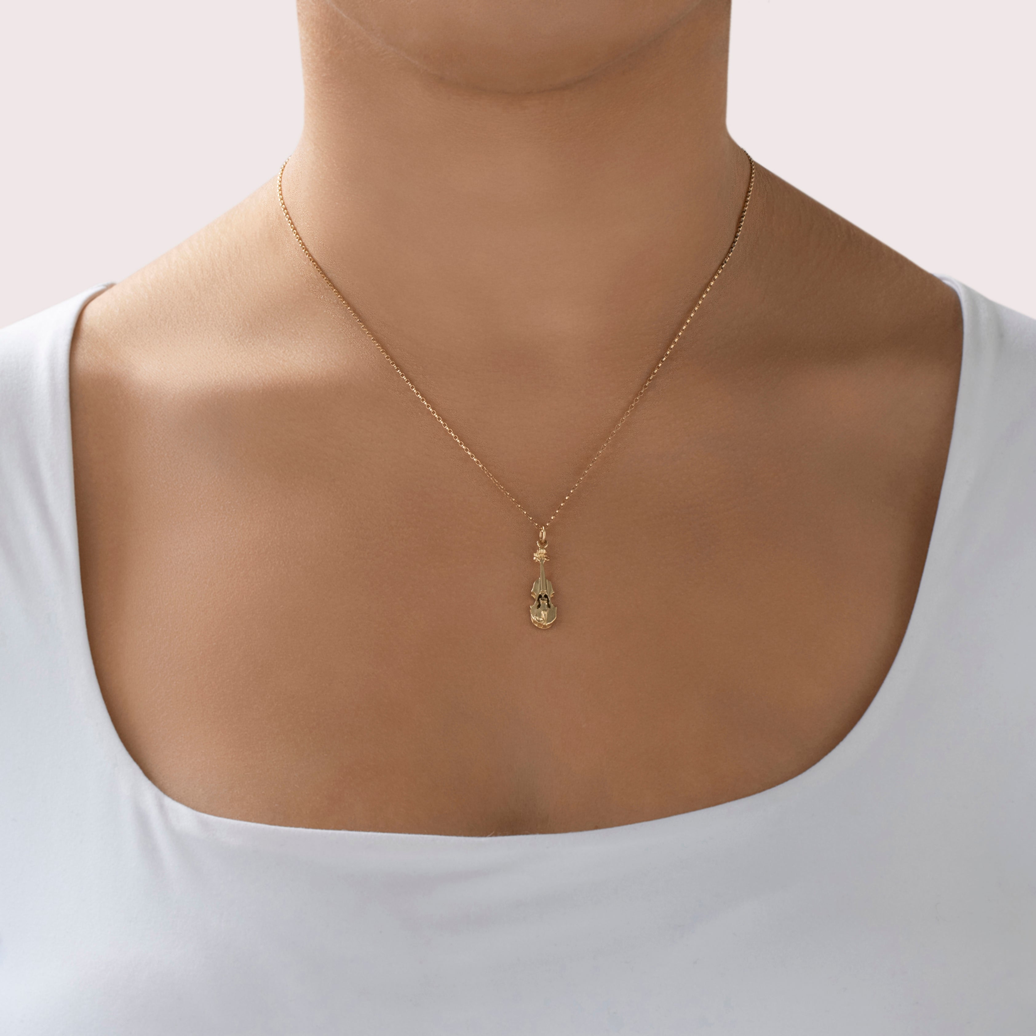 Vintage 14k Yellow Gold Violin Charm/Pendant - On model view