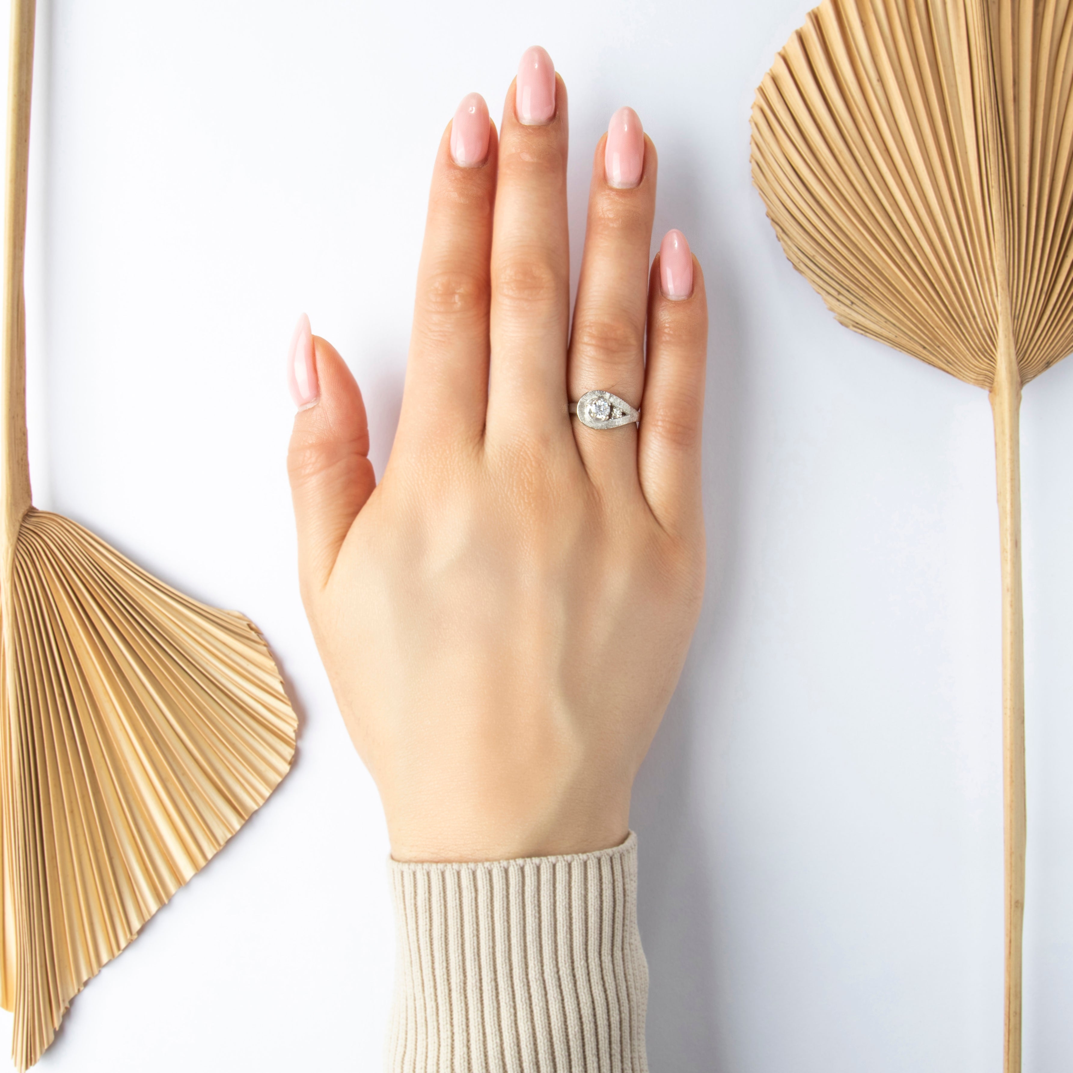 Vintage 14k White Gold Diamond Textured Asymmetric Loop Ring  - On model view