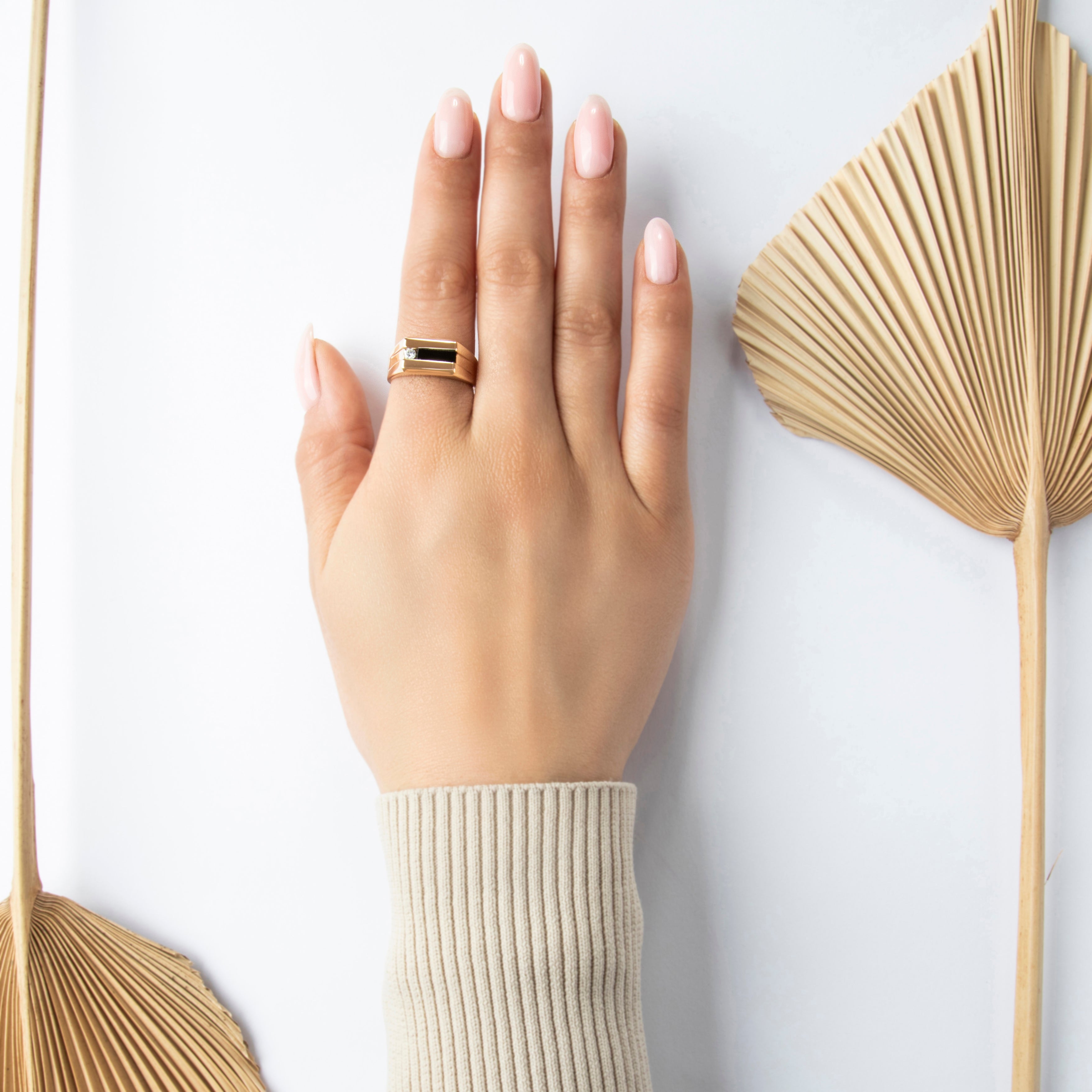 Vintage Bold Architectural 14k Yellow Gold Onyx Diamond Ring - On model view