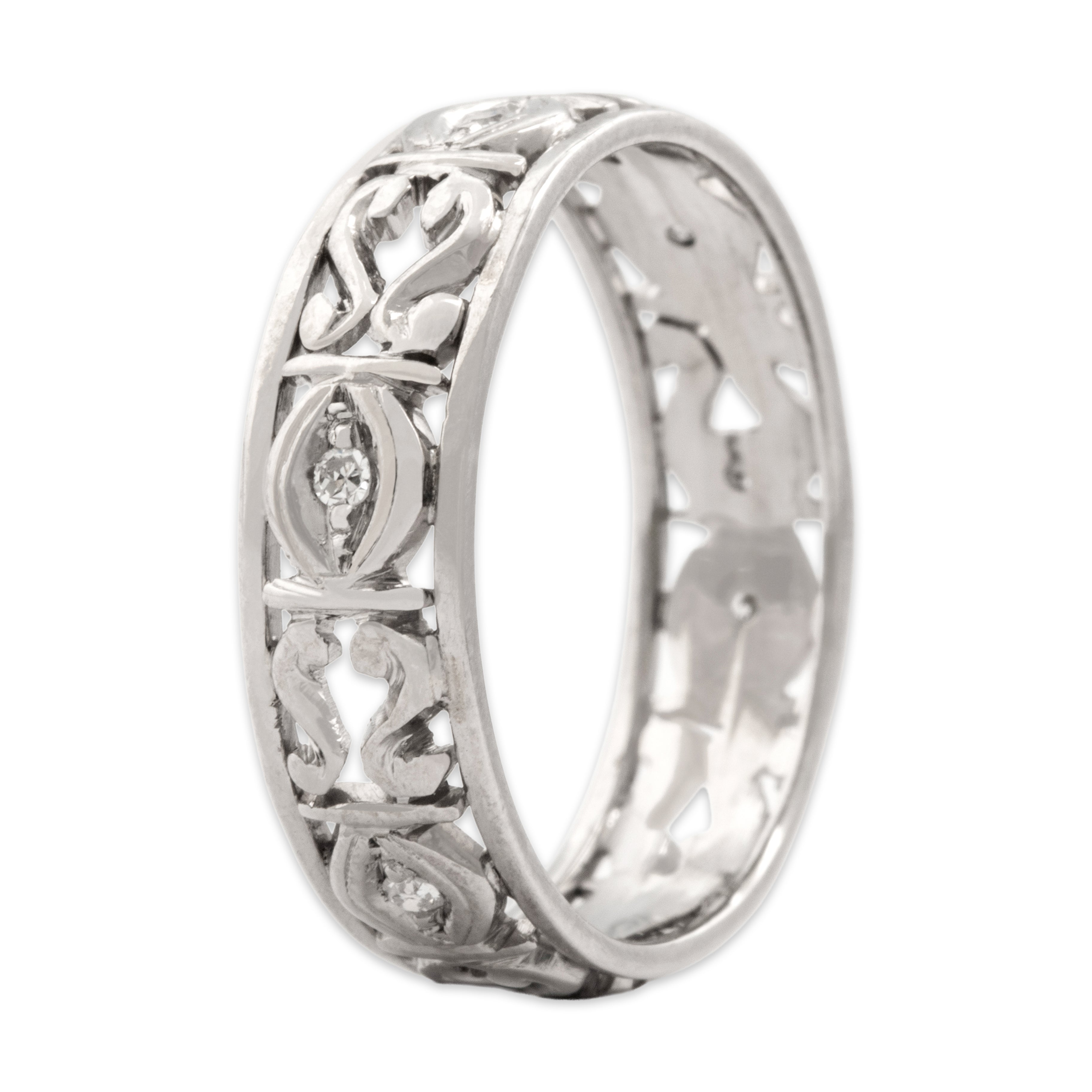Antique 14k White Gold Diamond Scroll Open Eternity Band Ring - Overall view