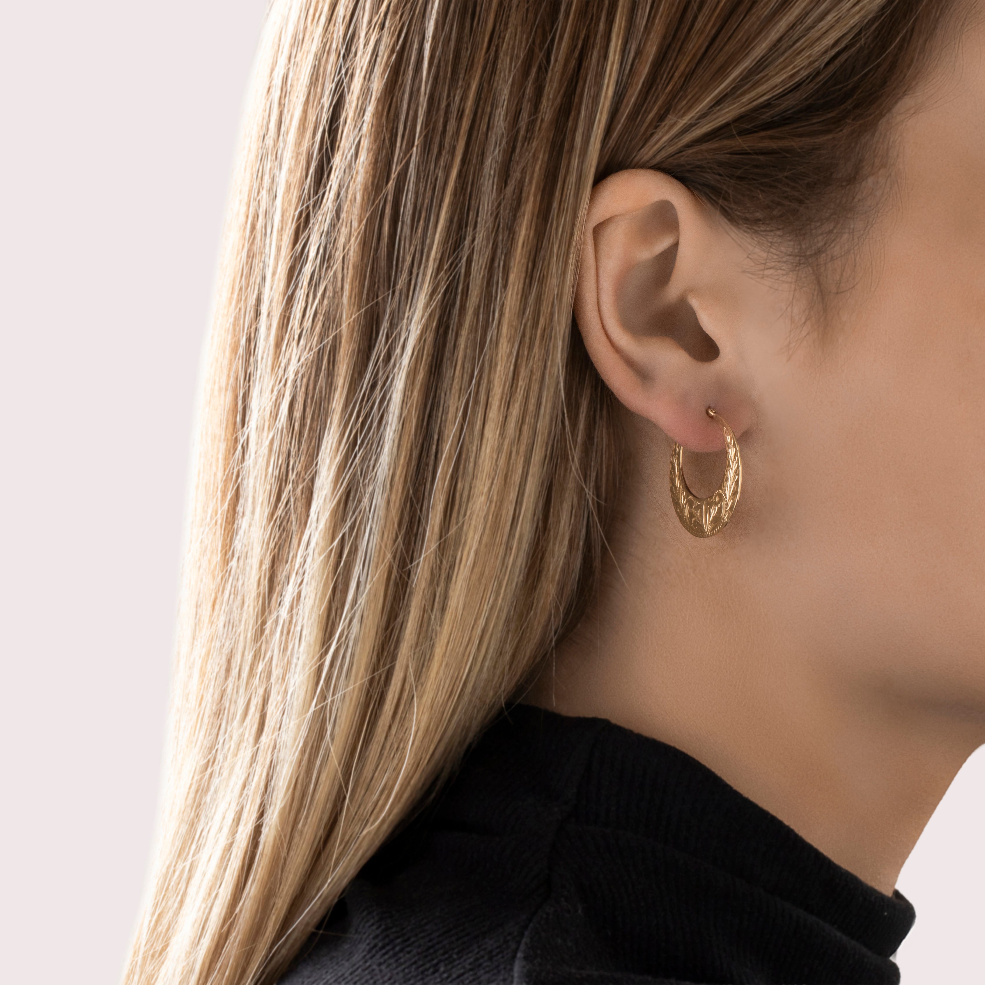 Vintage 14k Yellow Gold Hand-Engraved Foliate Hoop Earrings - On model view